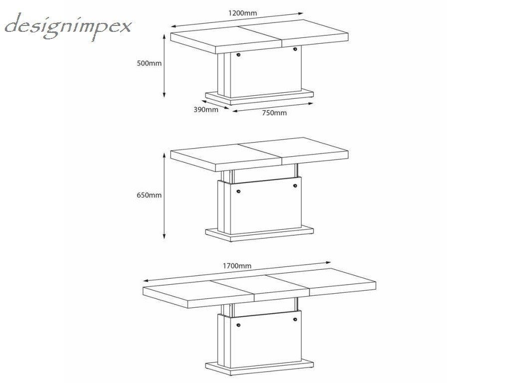 Sonoma Esstisch Couchtisch ausziehbar / designimpex H-333 Eiche höhenverstellbar Nussbaum