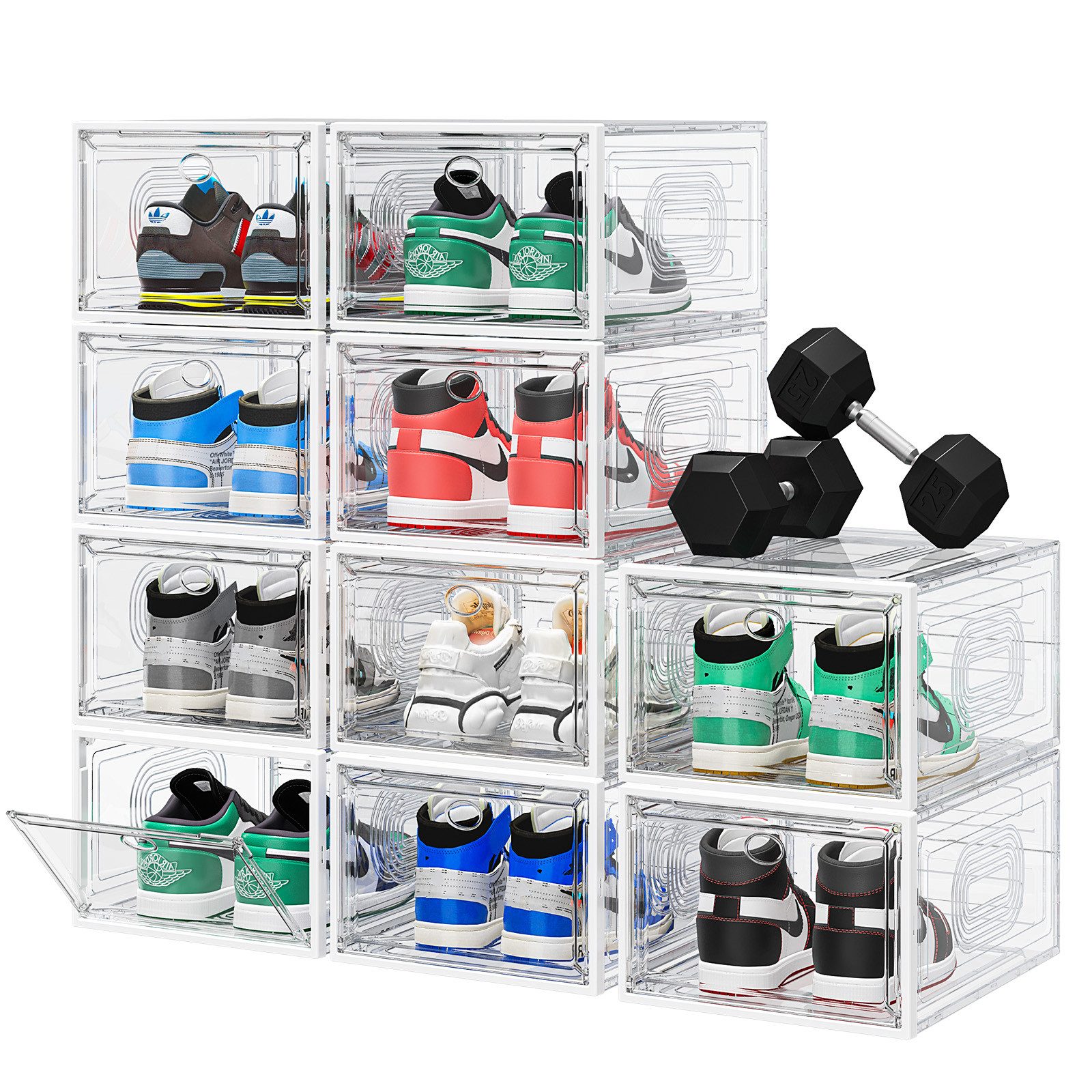 POPOLIC Schuhkiste 6/9/10 Stück Schuhboxen stapelbar Schuhboxen aus klarem Kunststoff (Hartplastik Schuhbox mit Deckel, 10 St., Schuhorganisatoren mit Magnettür für Größe 46 - Hartplastik), faltbar und stapelbar, für Stöckelschuhe,Pumps, Schuhaufbewahrung