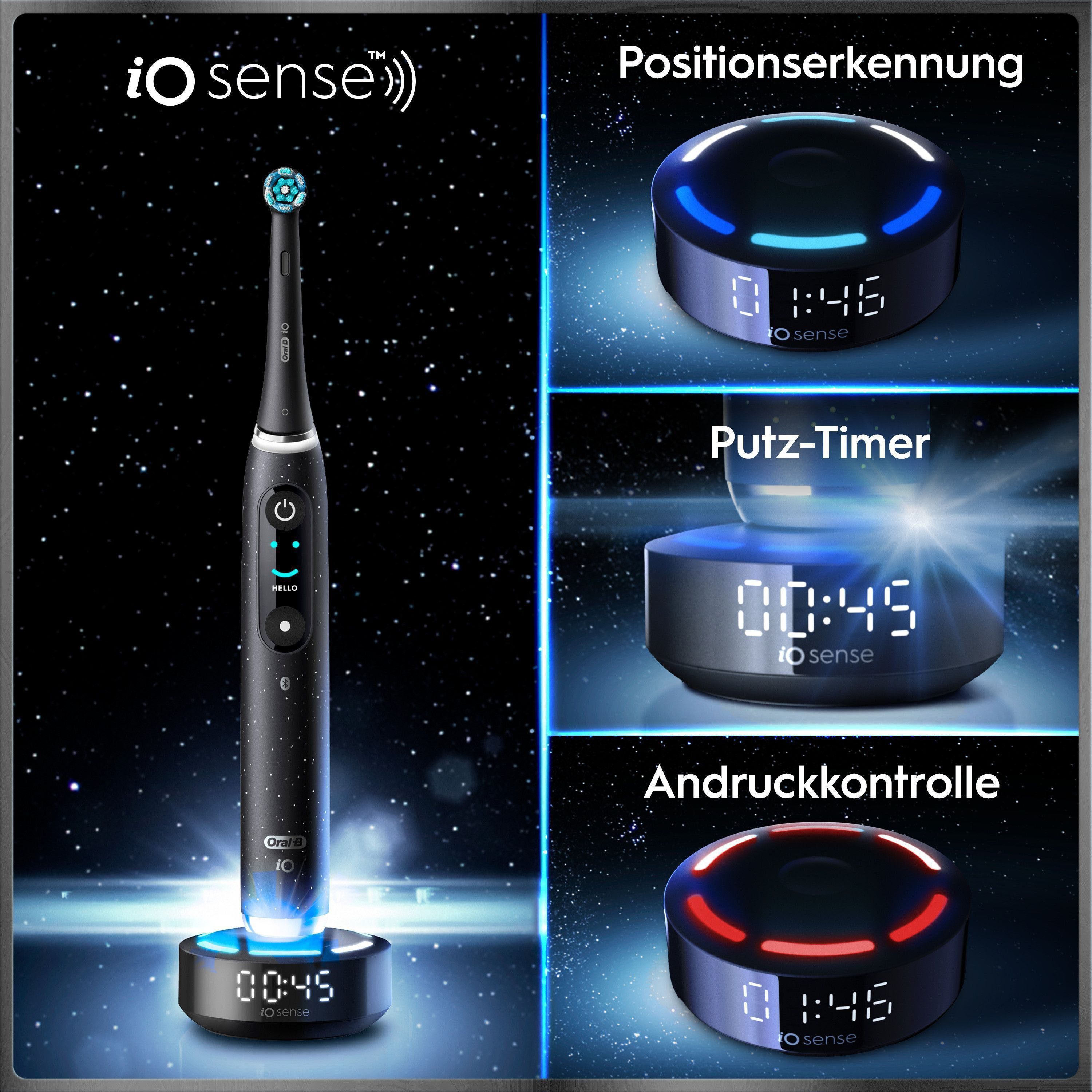 Oral-B Elektrische Zahnbürste Oral-B iO Series 10, Aufsteckbürsten: 1 St., 1 Aufsteckbürste, Aufsteckbürstenhalter, Lade-Reise-Etui, iO Sense Zahnputz-Coach, Schnellladestation, Langanhaltender Akku