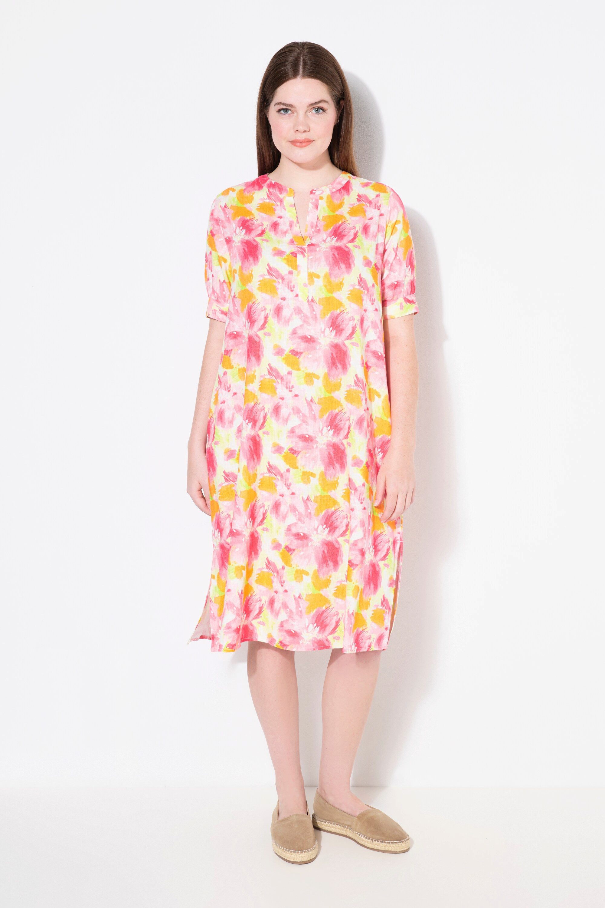 Ulla Popken Midikleid Tunikakleid Leinenmix Blüten Stehkragen Halbarm