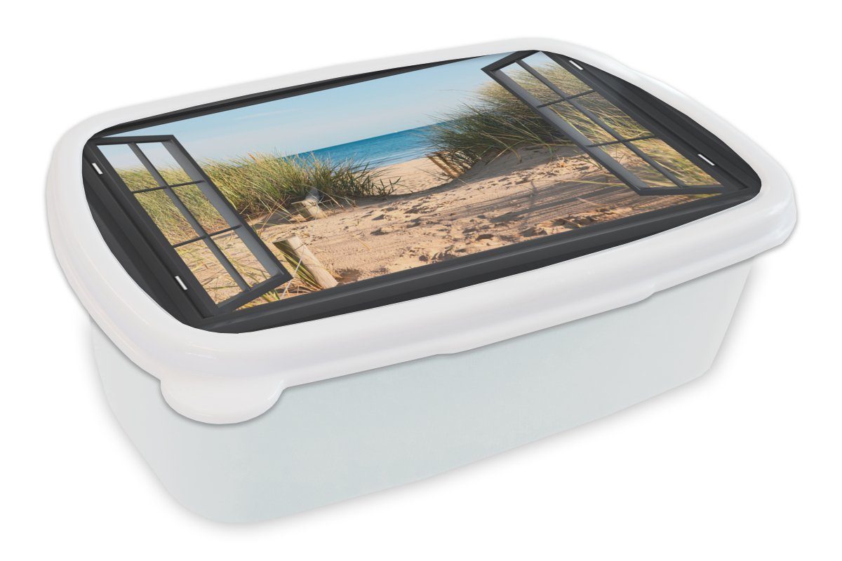 MuchoWow Lunchbox Durchblick - Strand Dünen, - Strandhafer Meer Mädchen weiß Wasser und Erwachsene, (2-tlg), Kinder - - für Brotdose, für und Brotbox Kunststoff, - - Sand Jungs