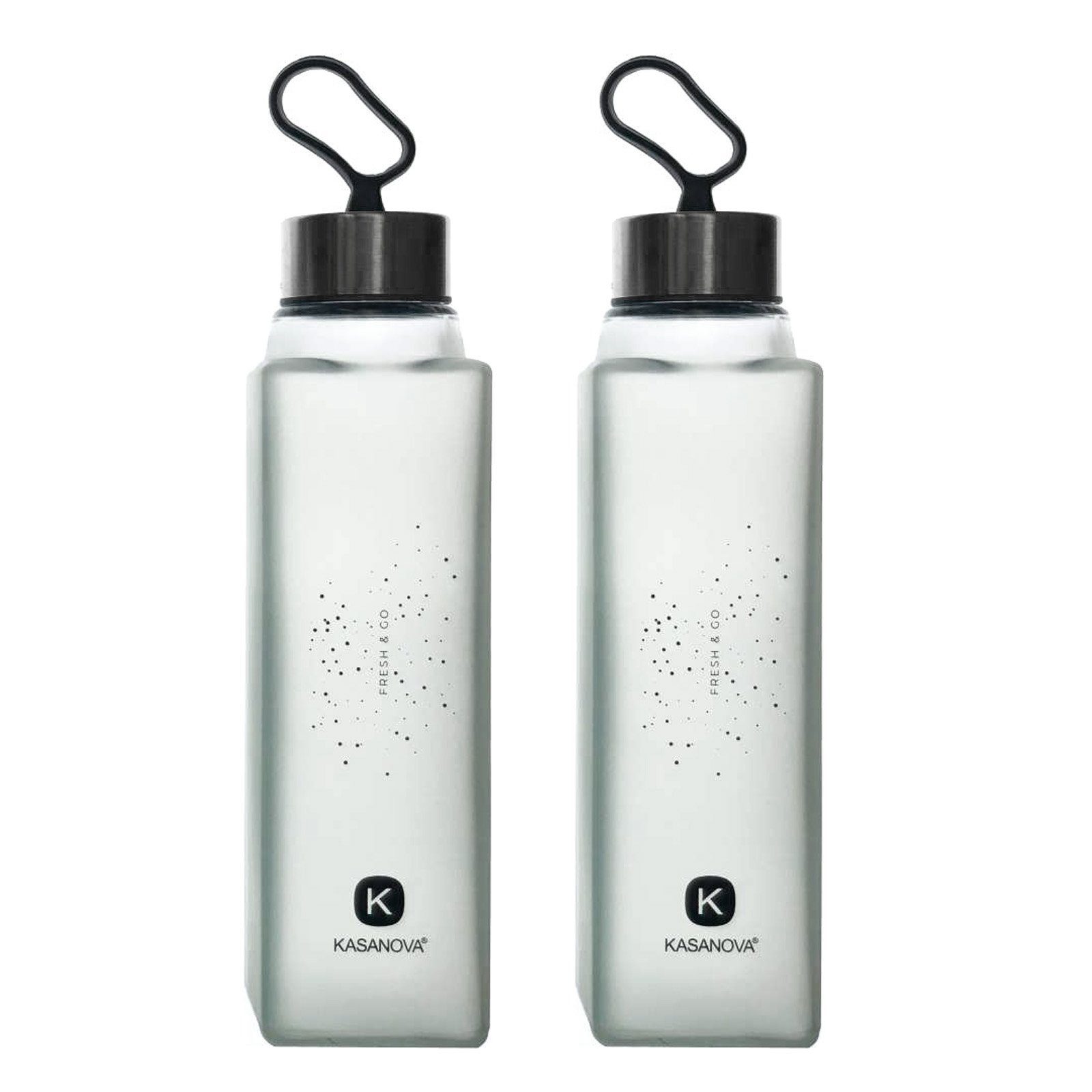 KASANOVA Trinkflasche 2er Set PURE Glas mit Outdoor, Grau Silikonschlaufe Glasflasche 420ml, Auslaufsicher Premium Wiederverwendbar Robust Indoor Wasserflasche
