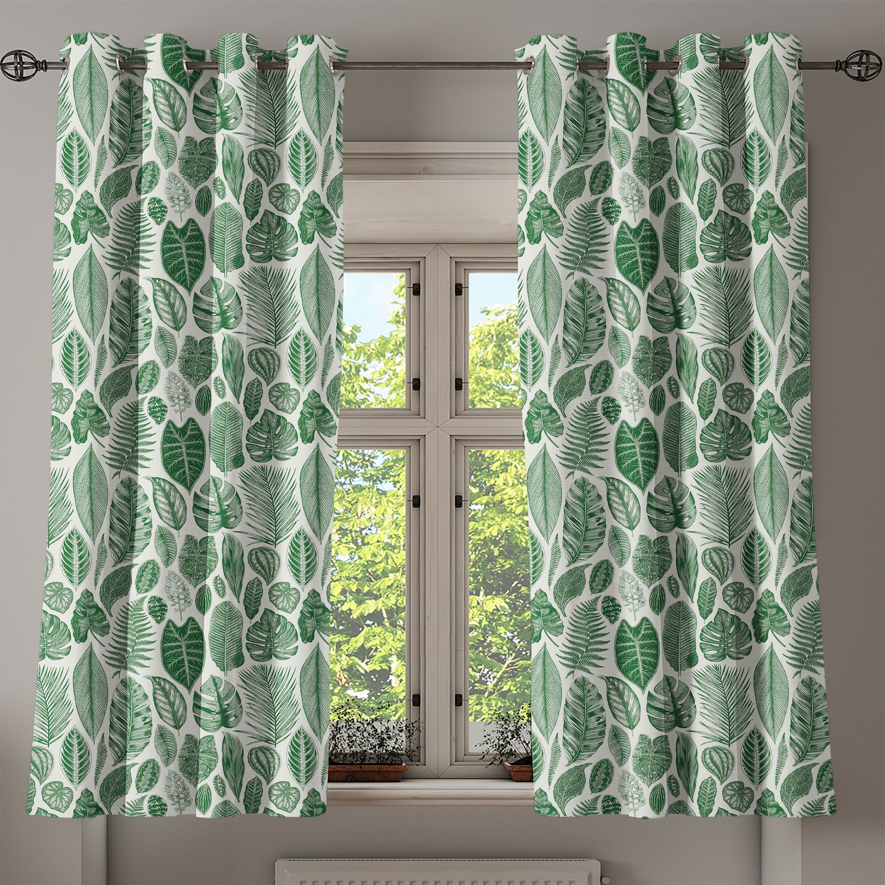 Gardine Dekorative 2-Panel-Fenstervorhänge für Blätter Wohnzimmer, Vintage Abakuhaus, Exotische Botanisch Schlafzimmer