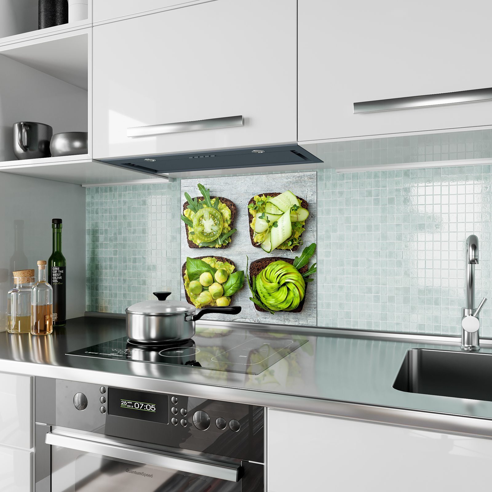 Primedeco Küchenrückwand Küchenrückwand Glas Avocado mit Motiv Spritzschutz Toasts Frische