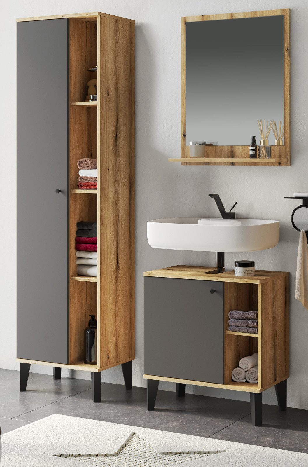 Furn.Design Badmöbel-Set Torsby, (Badezimmer in Evoke Eiche mit matt grau, 3-St., 120 x 190 cm), mit viel Stauraum