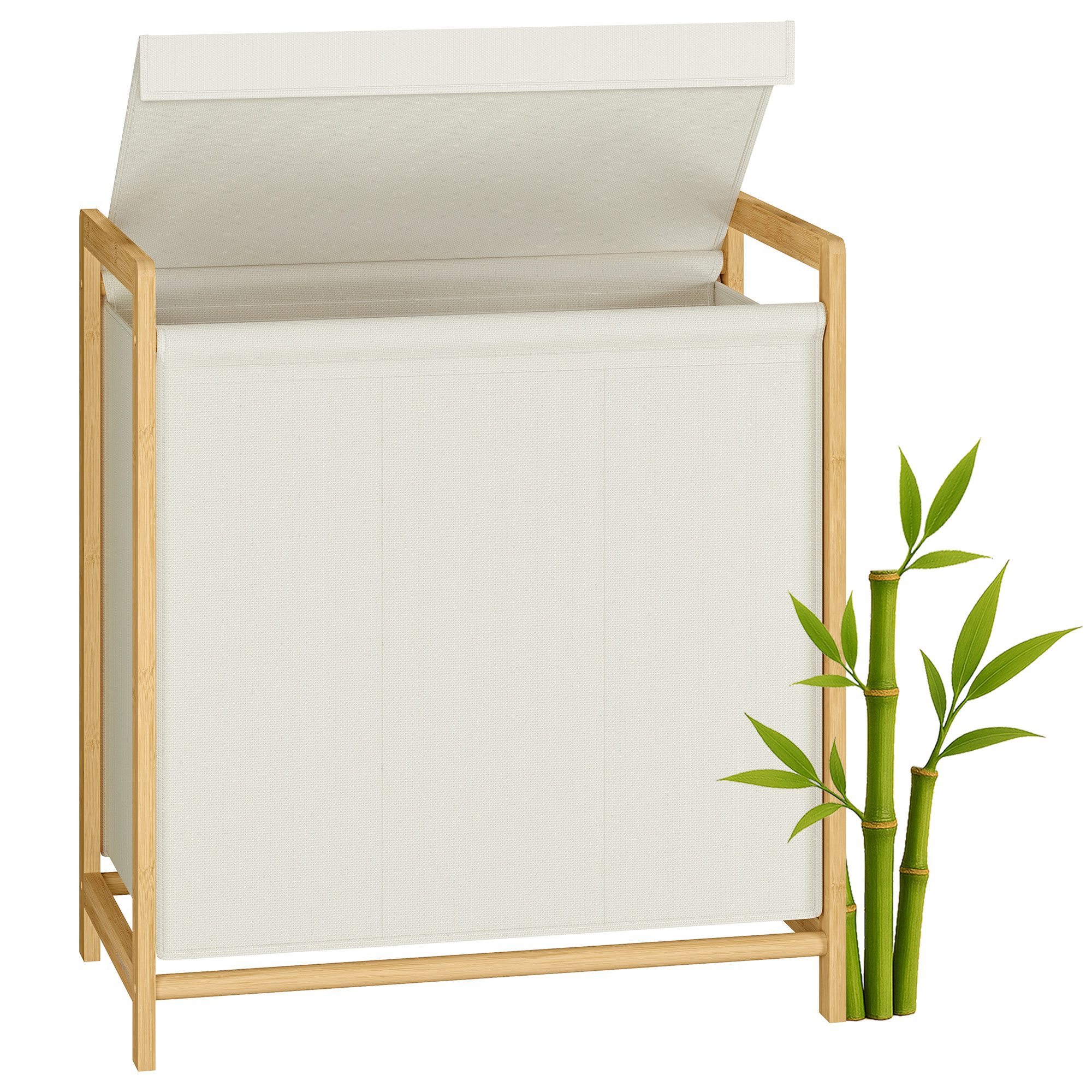 SONGMICS Wäschekorb, 2/3 Fächer, Wäschesammler mit Bambusrahmen, 100/150L, abnehmbar