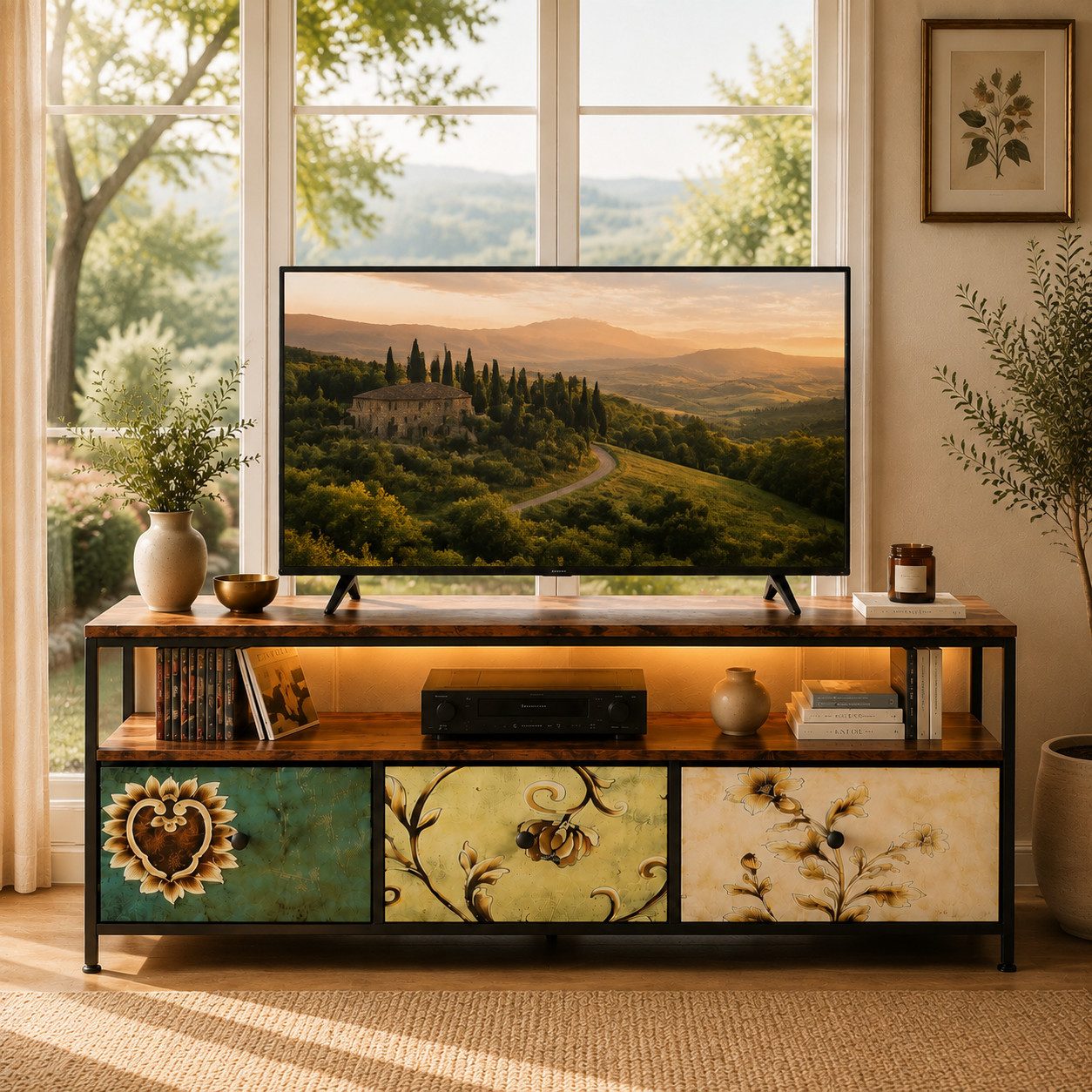 Simurq TV-Bank TV-Board mit LED-System, 3 Schubladen und viel Stauraum (Kein Set, Einzelmöbel), Modernes Vintage-Design, LED-System, Stauraum mit Schubladen