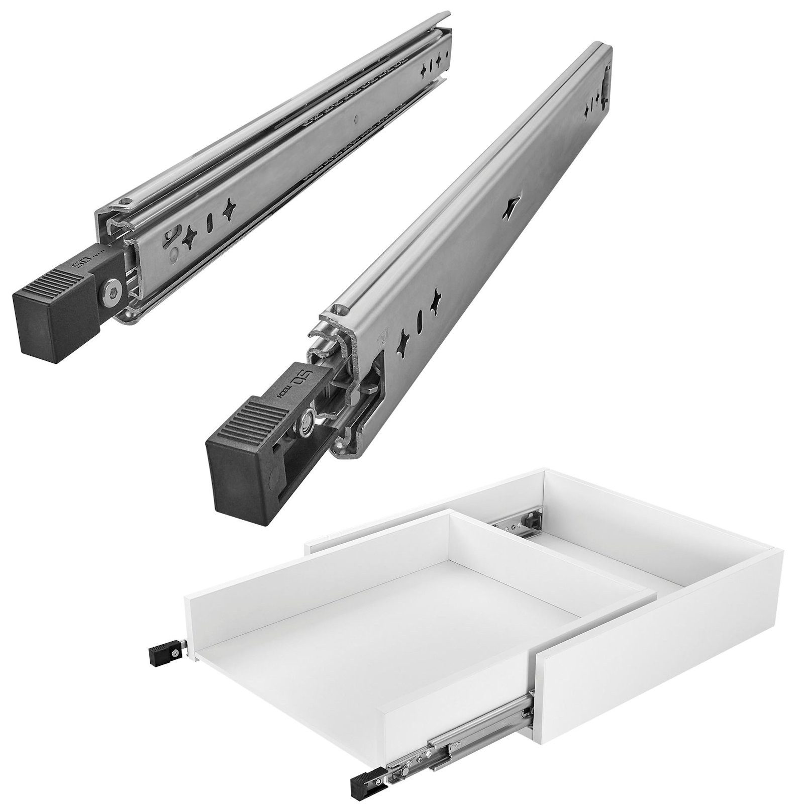 SO-TECH® Auszug Schwerlastauszug 100 kg mit Lock-in/out Einrastfunktion (2 St), schwarzer Hebel, VarioSlide KV2-100-H53-L300-EH 300 mm