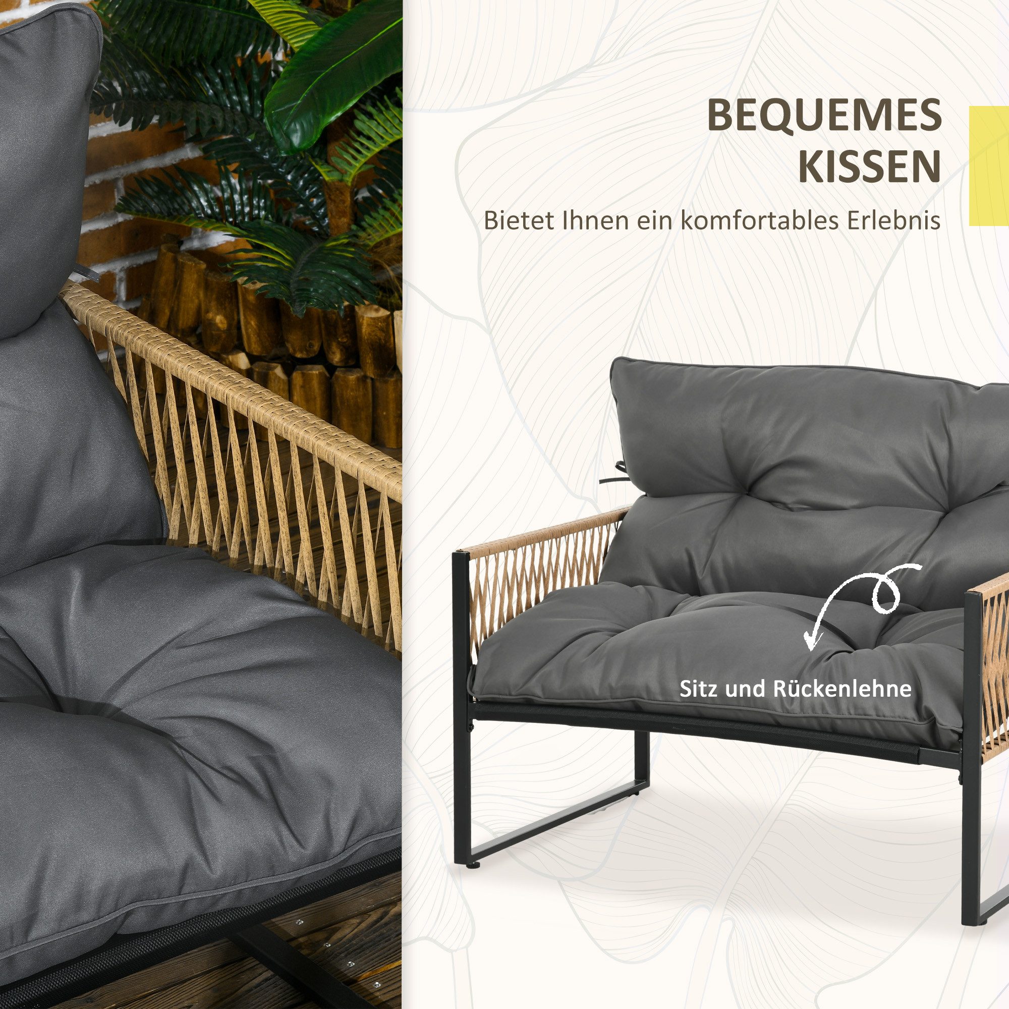OKWISH Gartenlounge-Set 4‑tlg. Rattan mit Kissen – 1 Glastisch, 2 Sessel & 1 Doppelsofa, (Elegante Sitzgarnitur für entspannte Stunden im Freien, 4-tlg), Wetterfeste Gartensitzgruppe für Terrasse, Balkon & Garten