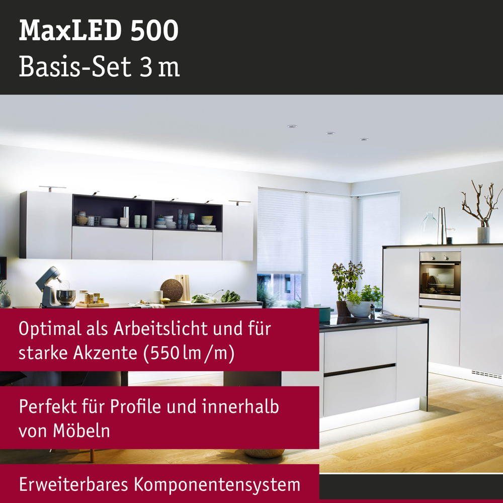LED MaxLED Streifen 1-flammig, 230/24V 500 Basisset Tageslichtweiß 3m Function 36VA 17W LED Silber, Paulmann Stripe