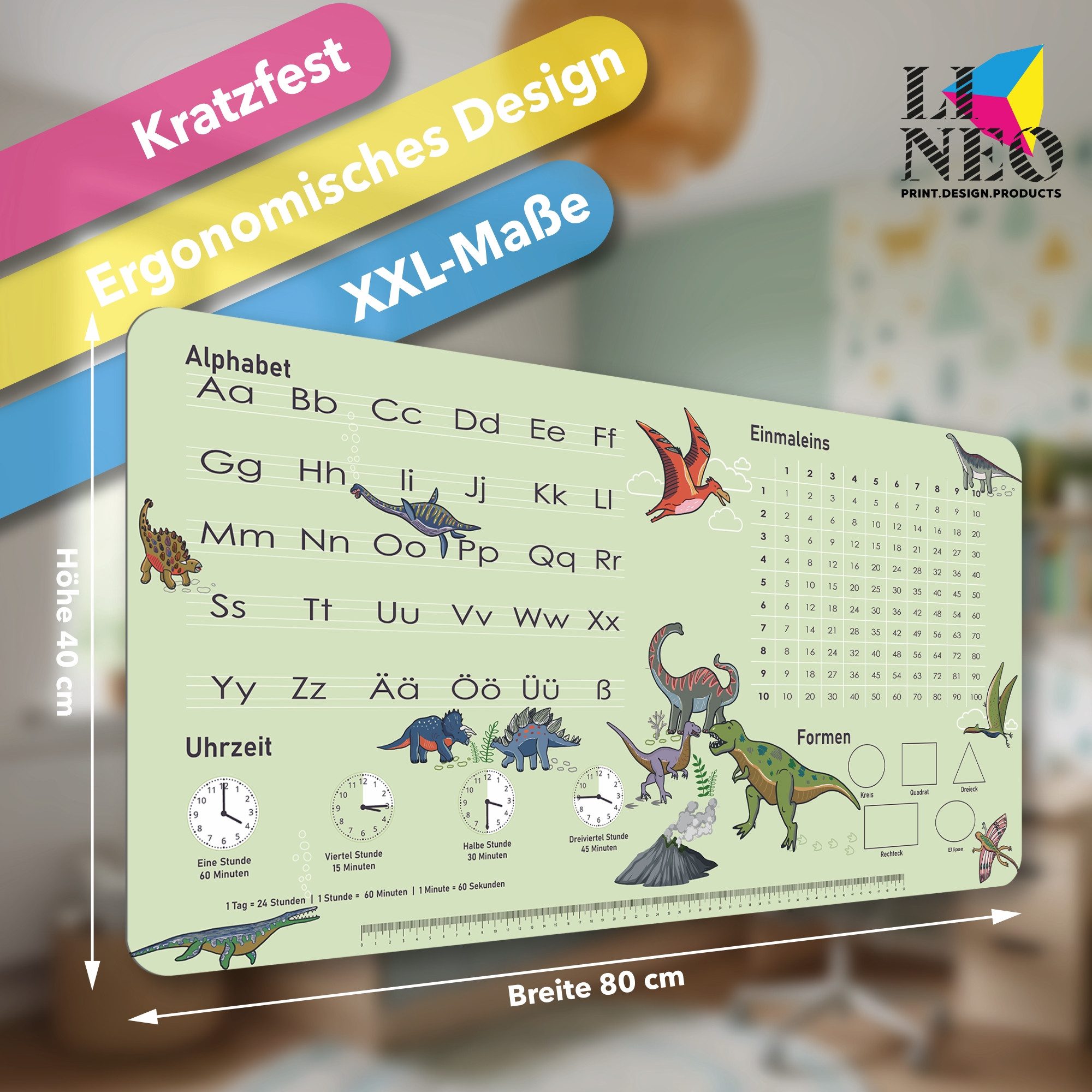 Lineo Schreibtischunterlage Tischunterlage & Malunterlage für Kinder 80x40 cm abwischbar, (Robuste Malunterlage Schreibtisch Unterlegmatte)