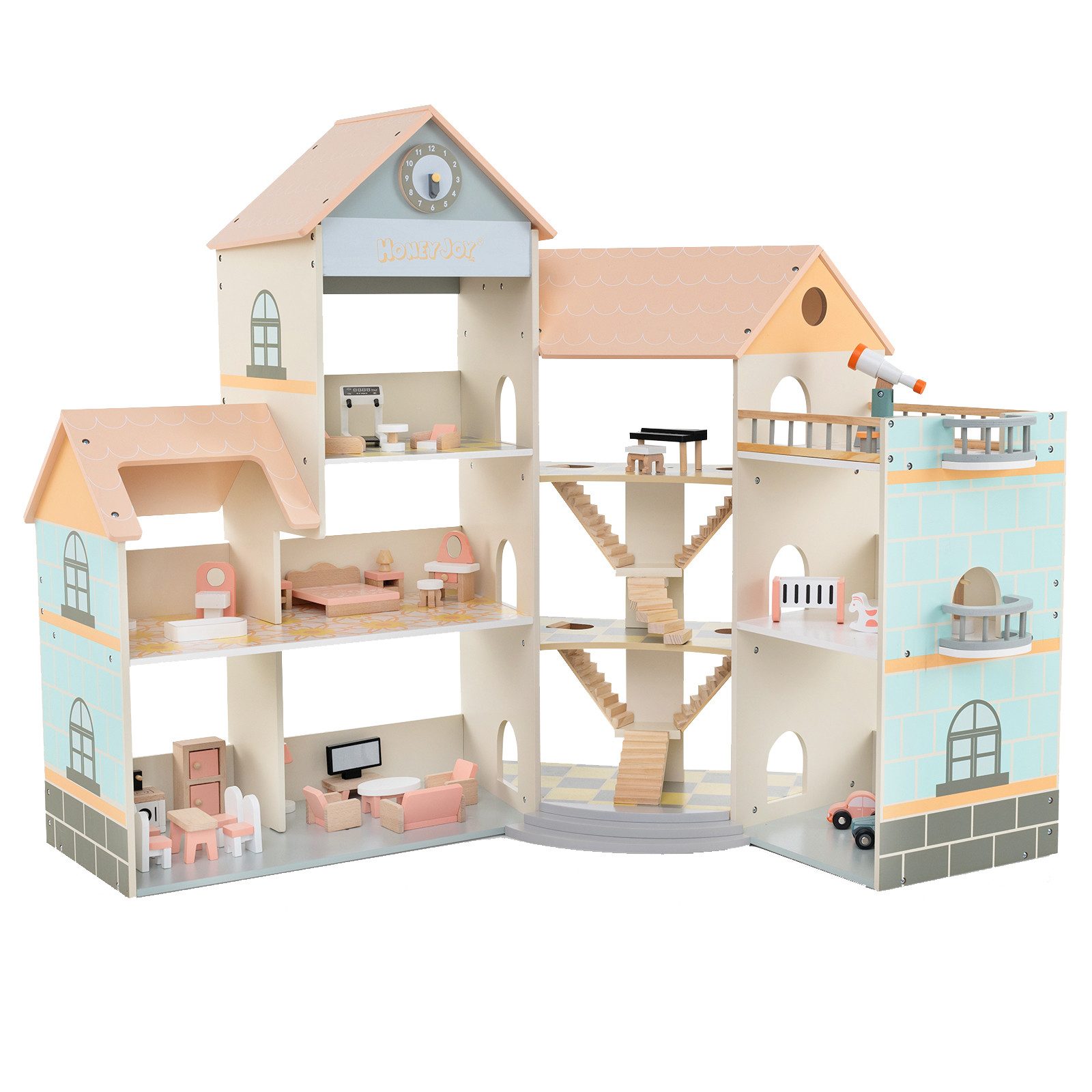 COSTWAY Puppenhaus, 6 Etagen mit 6 Zimmern & 41 Zubehör, Holz
