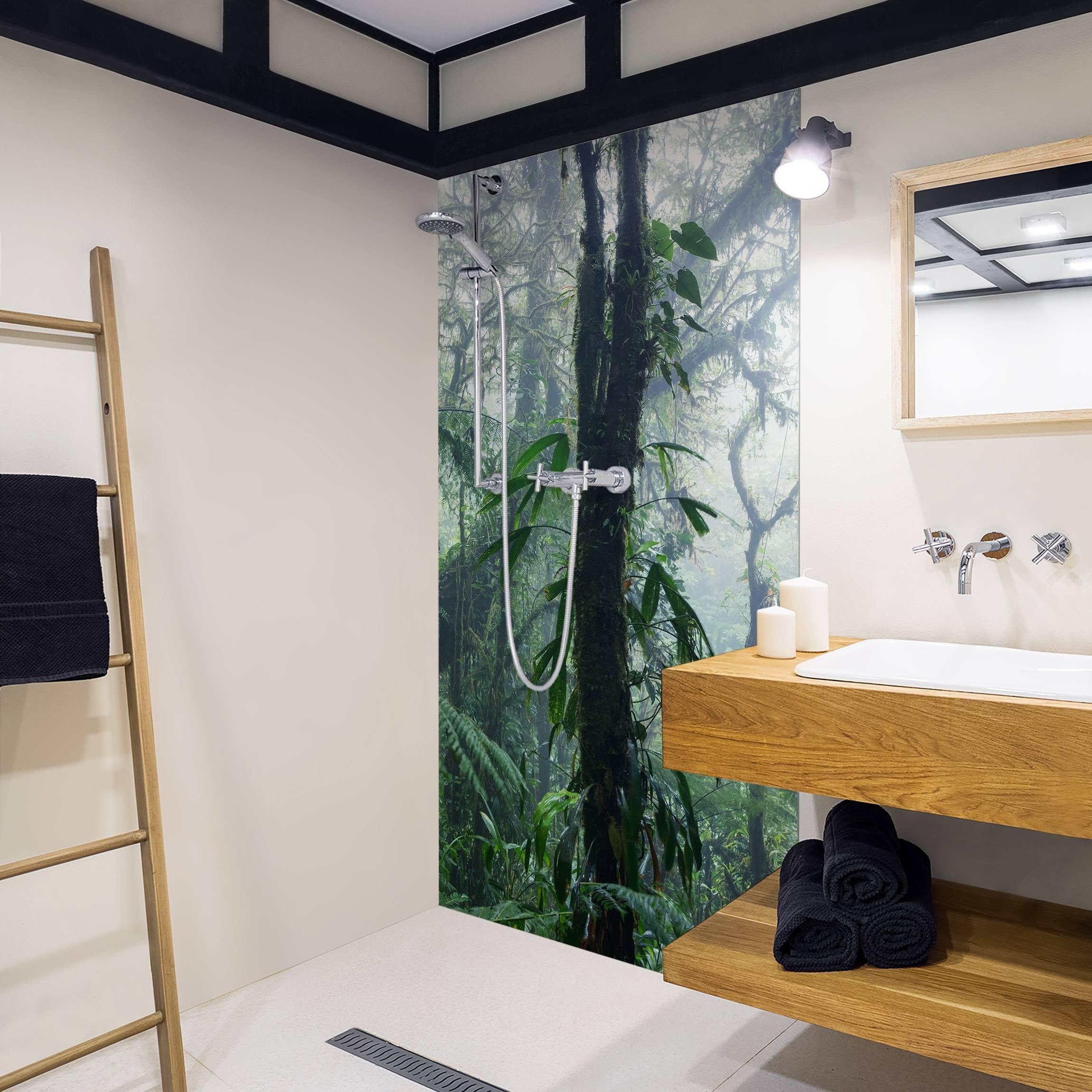 Bilderdepot24 Duschrückwand Fliesen Wald grün Duschrückwand ohne Bohren Dusche Natur, (1-tlg., 0,61 mm starke Folie selbstklebend Wandpaneele Dusche versch. Größen), fugenlose & wasserfeste Motiv Rückwand Wandverkleidung für Duschkabine
