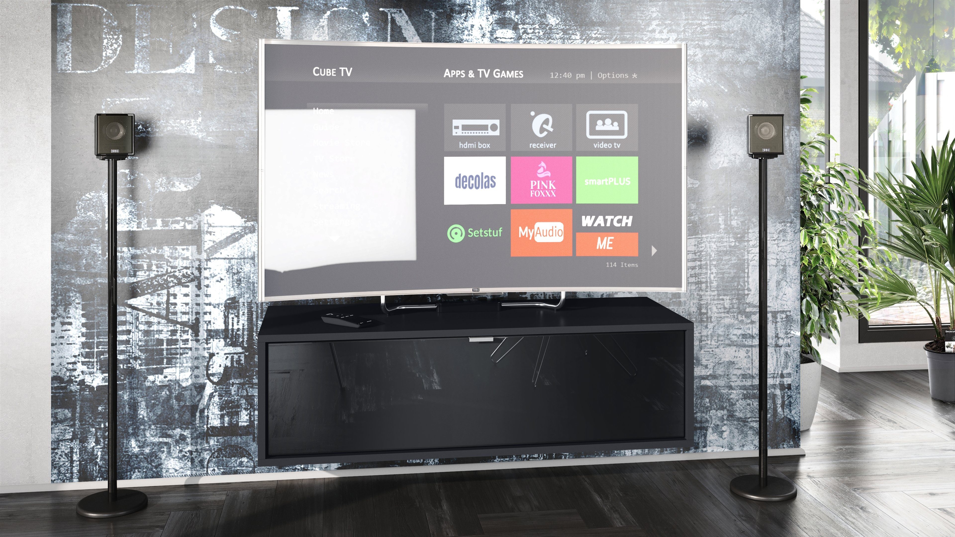 Vladon Lowboard Lana 1000 (TV-Kommode, mit Klappe), Schwarz matt/Schwarz Hochglanz (100 x 29 x 37 cm)