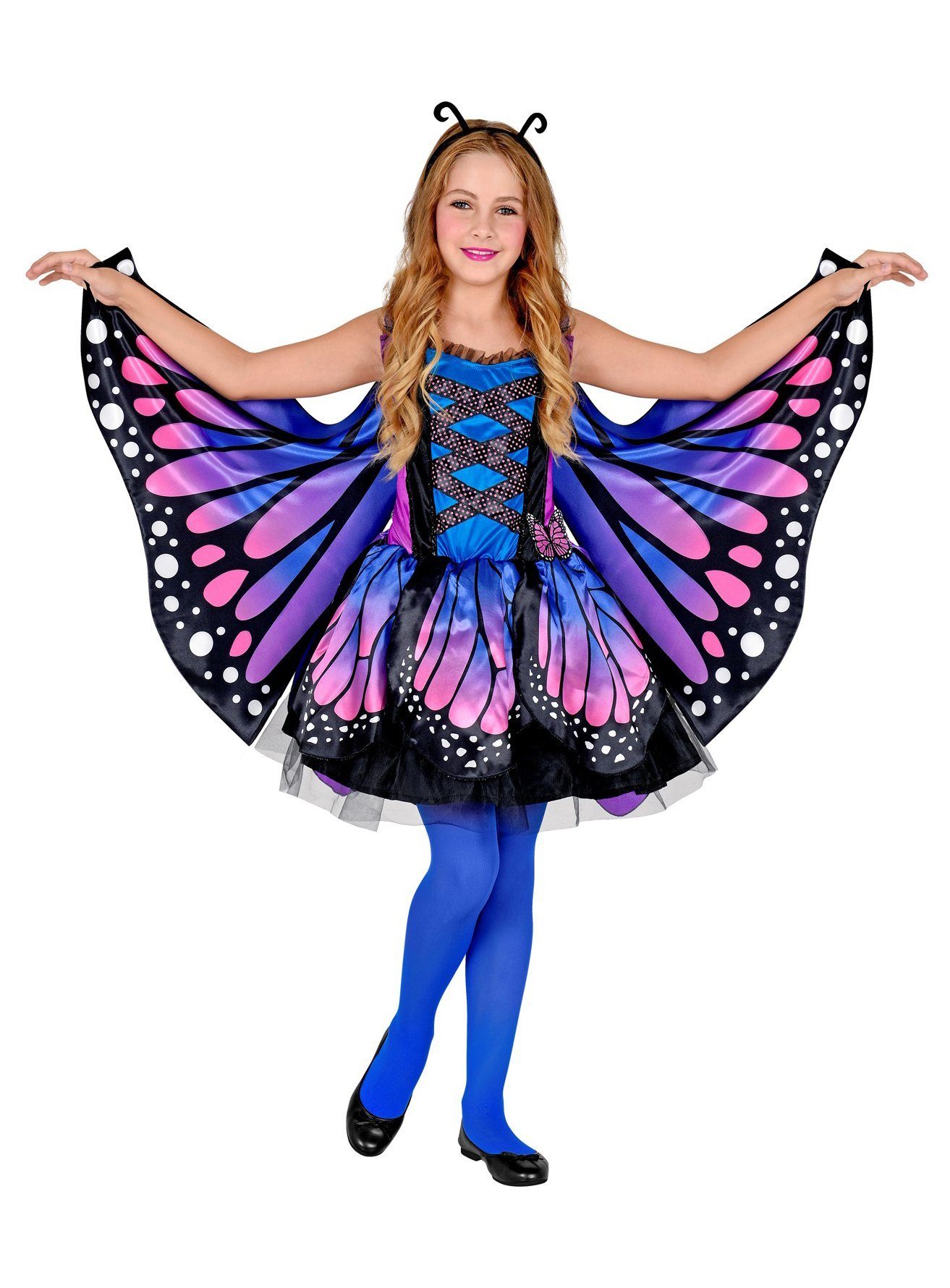 Widdmann Kostüm Schmetterling Kleid - Faschingskostüm Kinder, Lila-blaues Kostümkleid mit Stoff-Flügeln