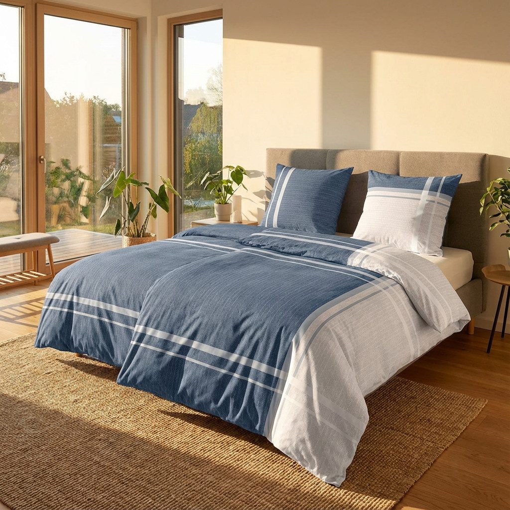 DOBNIG Bettwäsche Flanell, Flanell, 2 teilig, gestreift, blau, creme günstig online kaufen