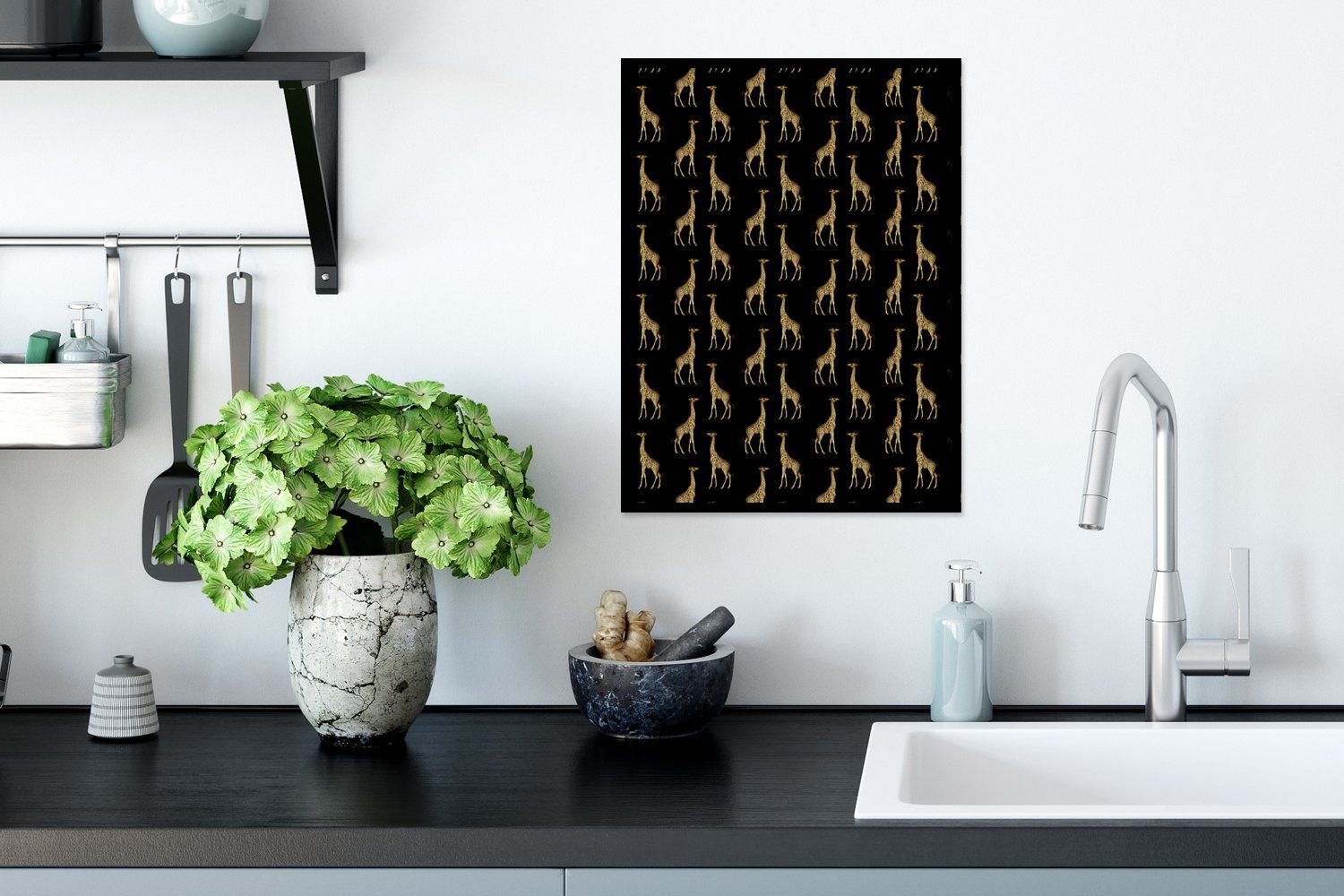 Poster, St), - Schwarzem MuchoWow Giraffe, Bilderrahmen Kunstdruck, - Gerahmtes - Gold (1 Muster Poster Rahmen, Tiere mit