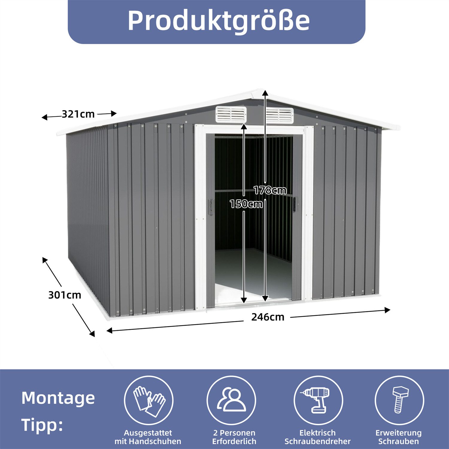 Thumbnail - GLP Gerätehaus Metal Outdoor Storage Shed mit Schrägdach und abschließbarer Tür, (1 St), 301*246*178cm,Außenlager, Gerät...
