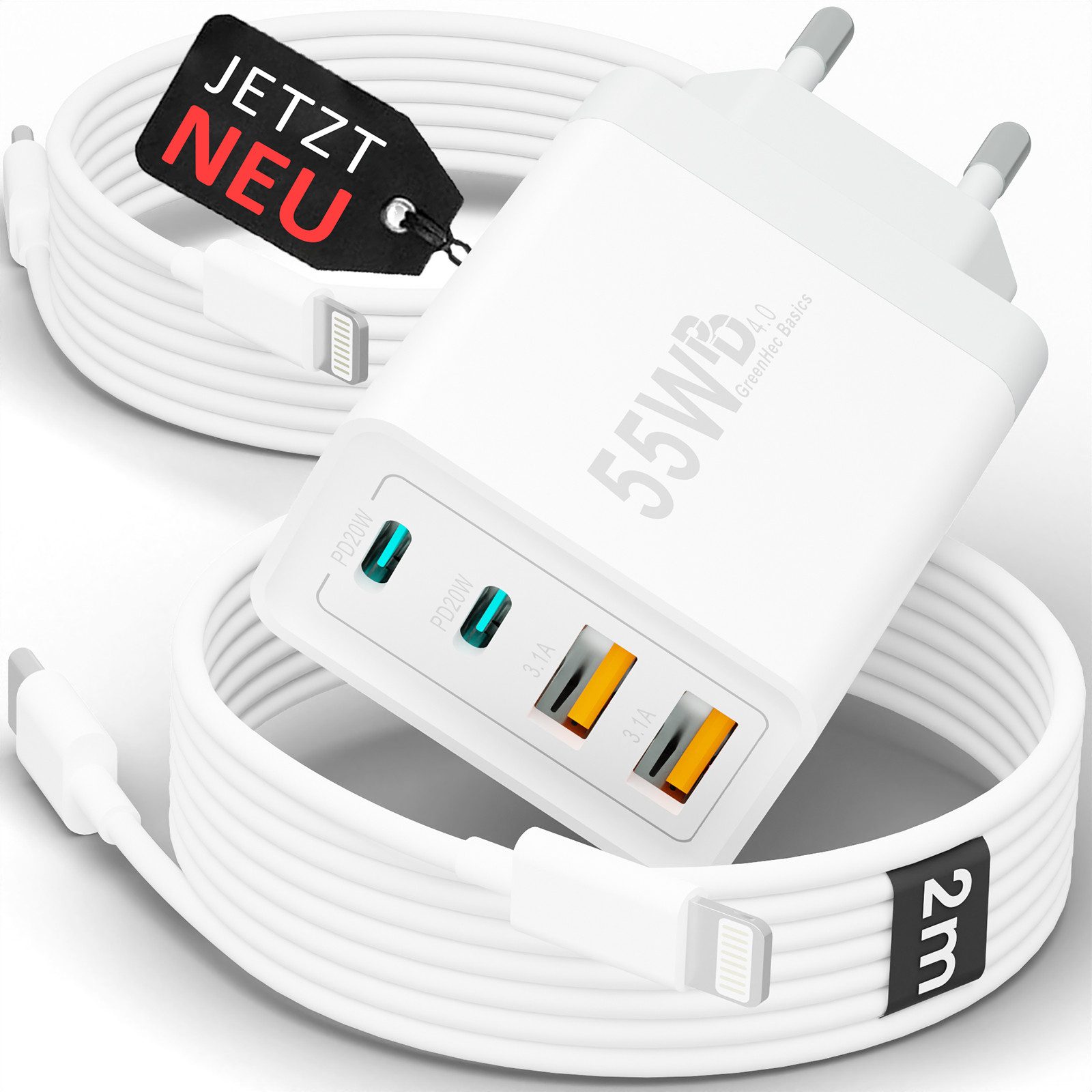 GreenHec Schnellladegerät USB-C iPhone mehrfach Handy Netzteil Adapter + Kabel Schnelllade-Gerät (50 mA, Spar-Set, 55w Quatro Charger + Lighting Kabel, iPhone 14 13 12 11 X XS XR SE Pro Max Air, 4 Multi Port 1m 2m 3m Laden)