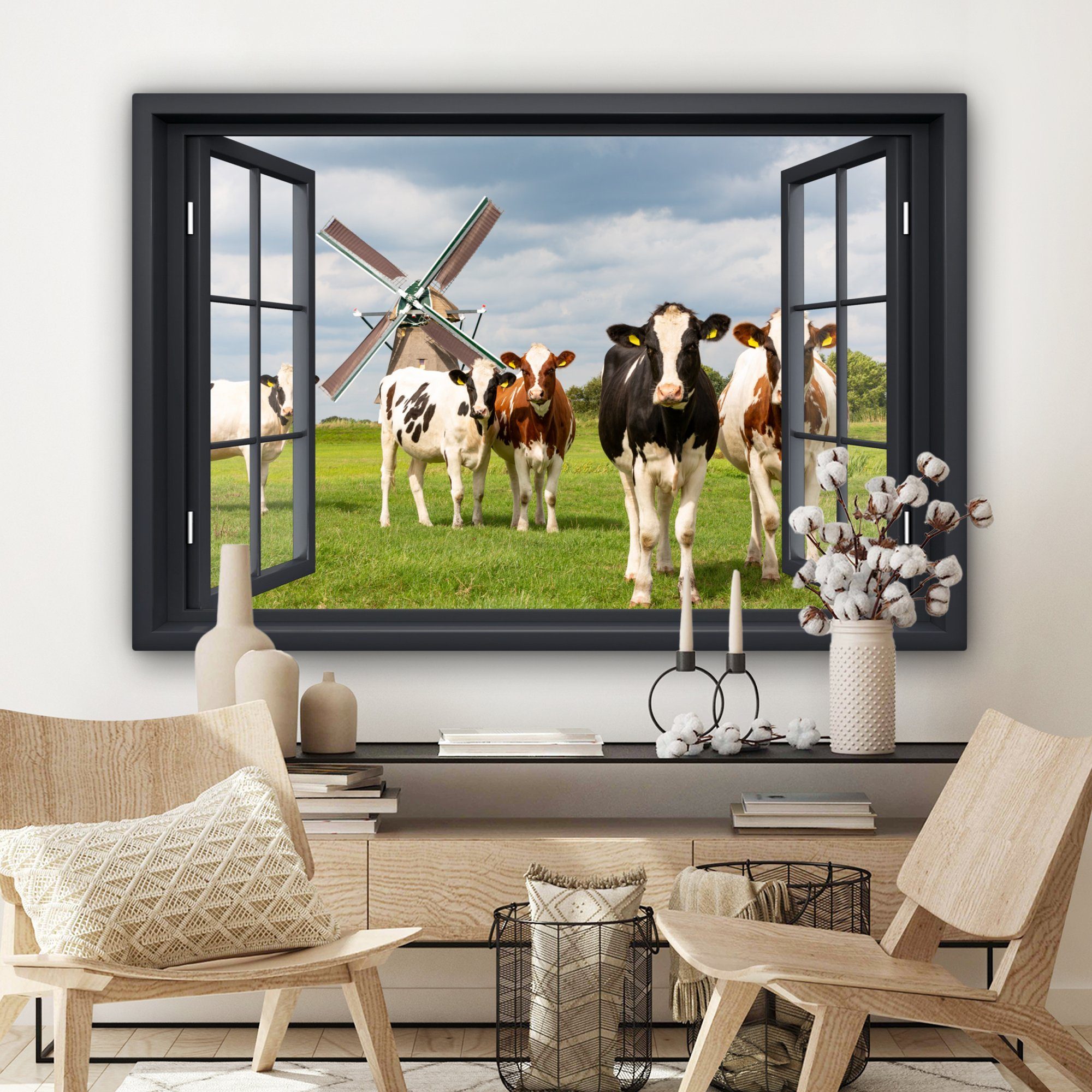 St), XXL, - Kuh Aussicht Gras Gemälde, (1 Wandbild für - - Wohnbereiche, Wiese - Kühe alle großes, Mühle Grün, - - cm Leinwandbild OneMillionCanvasses® 120x80