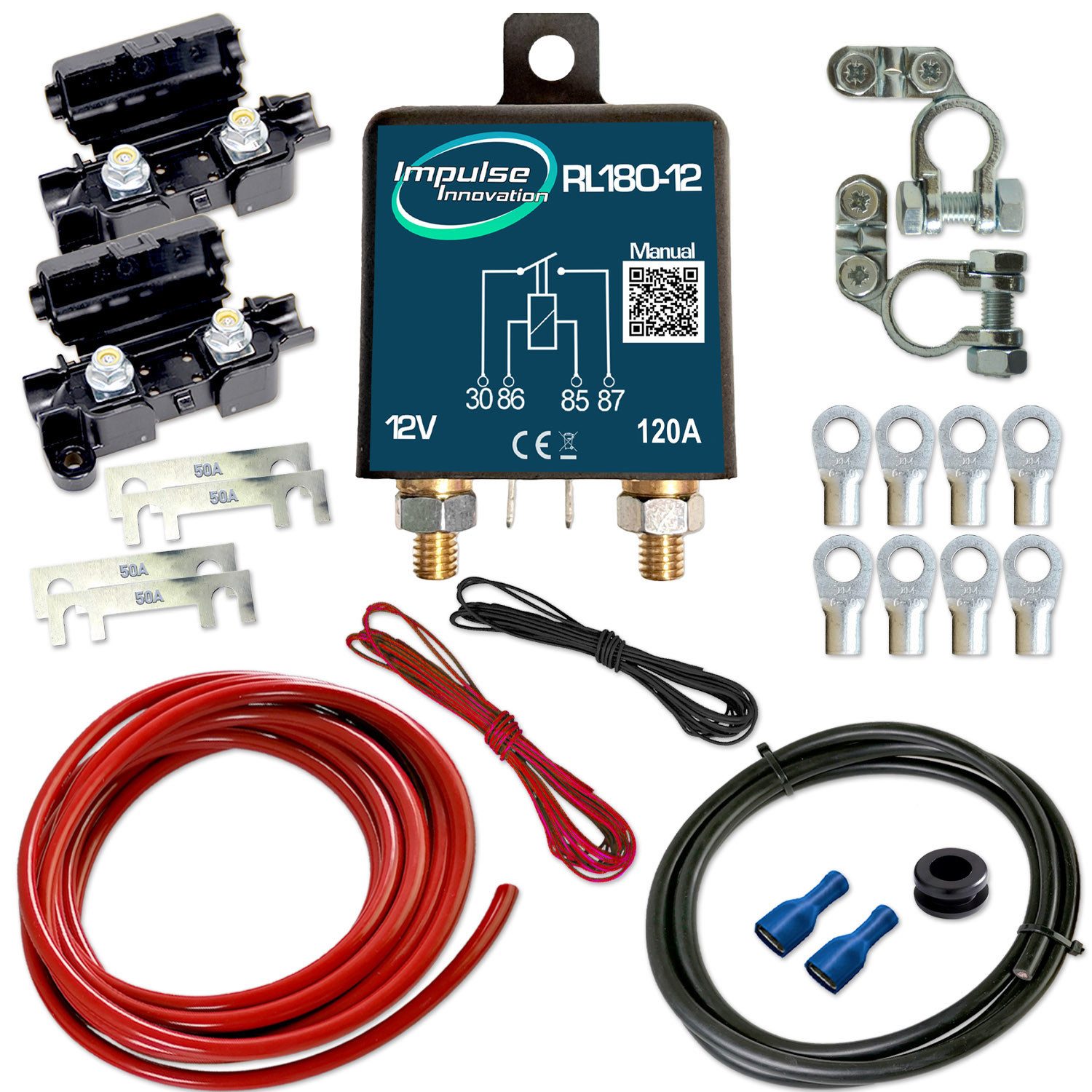 Impulse Innovation Batterie-Trennrelais Zweitbatterieset RL180-12 PRO 12V 120A 10mm² Kabel & 10 Sicherungen