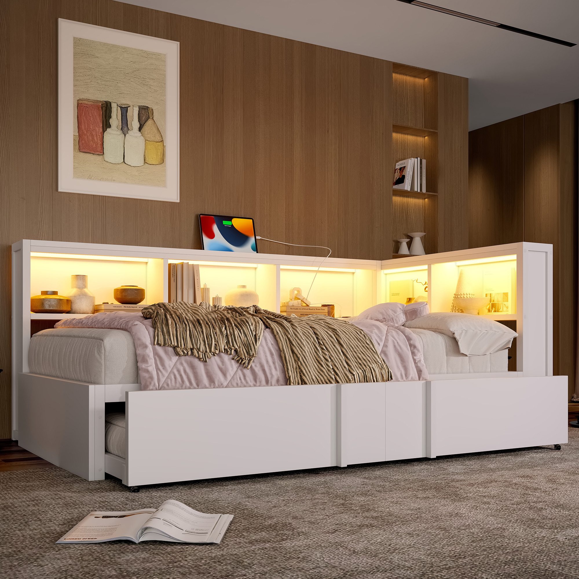 Flieks Daybett, Metall-Tagesbett 90x200cm mit Ausziehbett 90x190cm, LED und Aufladen