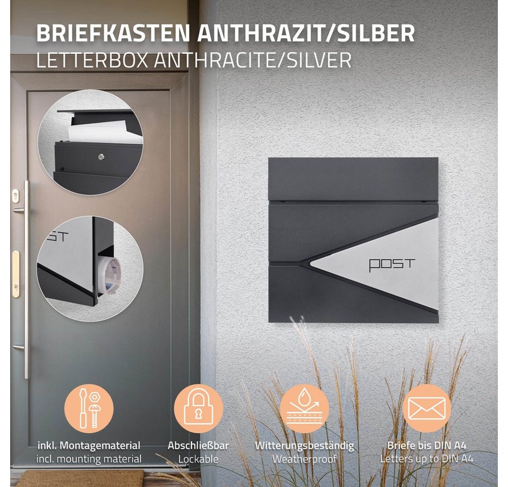 Thumbnail - ML-DESIGN Standbriefkasten Briefkasten Postkasten mit Zeitungsfach, inkl. Standfuß, Briefkastenanlage mit Ständer Silber...