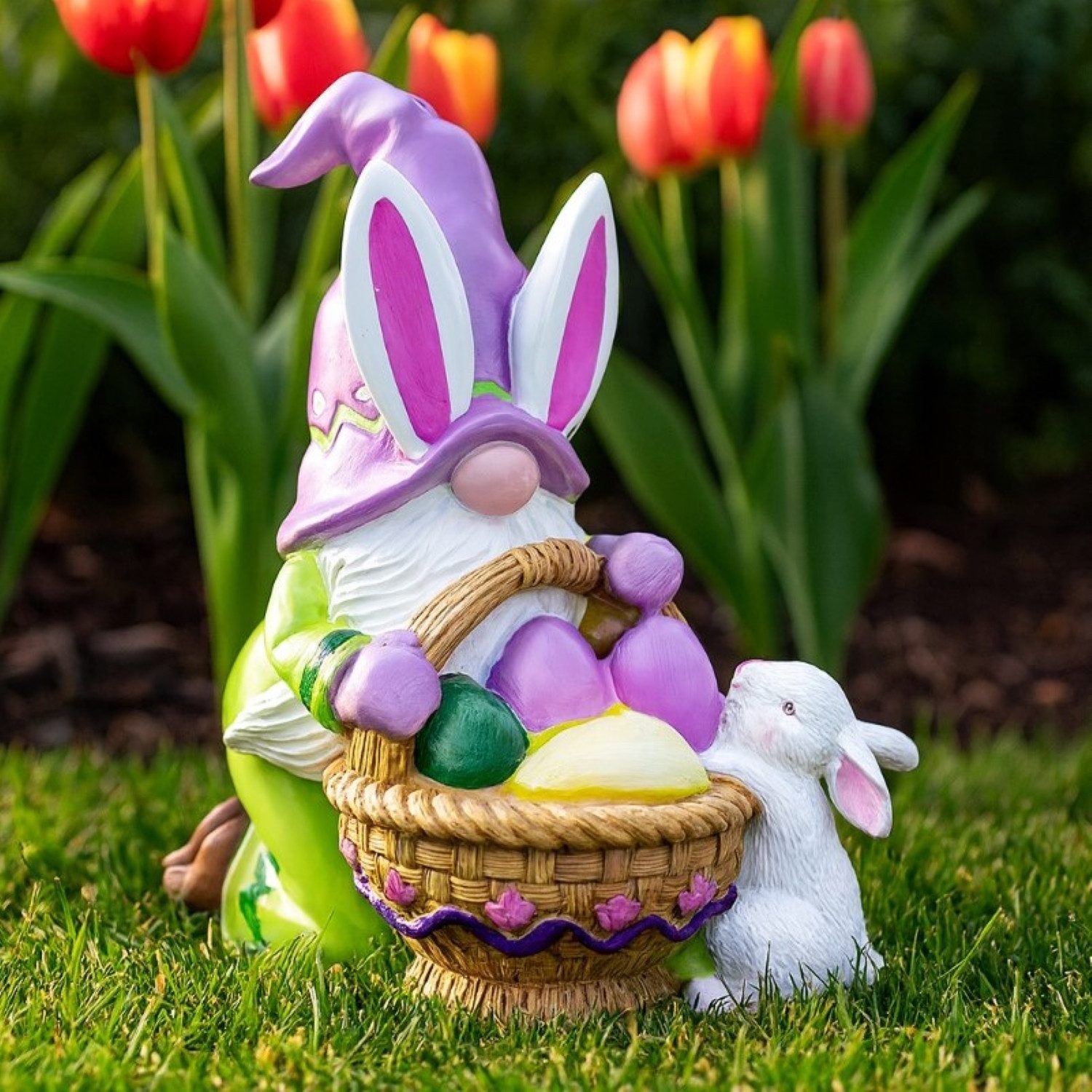 Online-Fuchs Gartenfigur Wichtelhase mit Eierkorb und süßem Hasen - Deko für Frühling & Ostern, (Osterdekoration), aus langlebigem Kunstharz gefertigt, für draußen geeignet - 28 cm groß