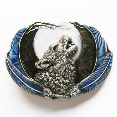 Westernlifestyle Gürtelschnalle Buckle Wolf bei Vollmond, blau
