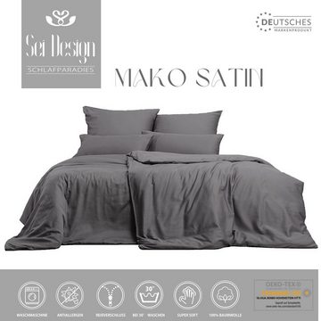 Bettwäsche aus 100% Mako-Satin Baumwolle Dark-Grey, SEI Design, Mako Satin, 1 teilig, gesticktes Logo