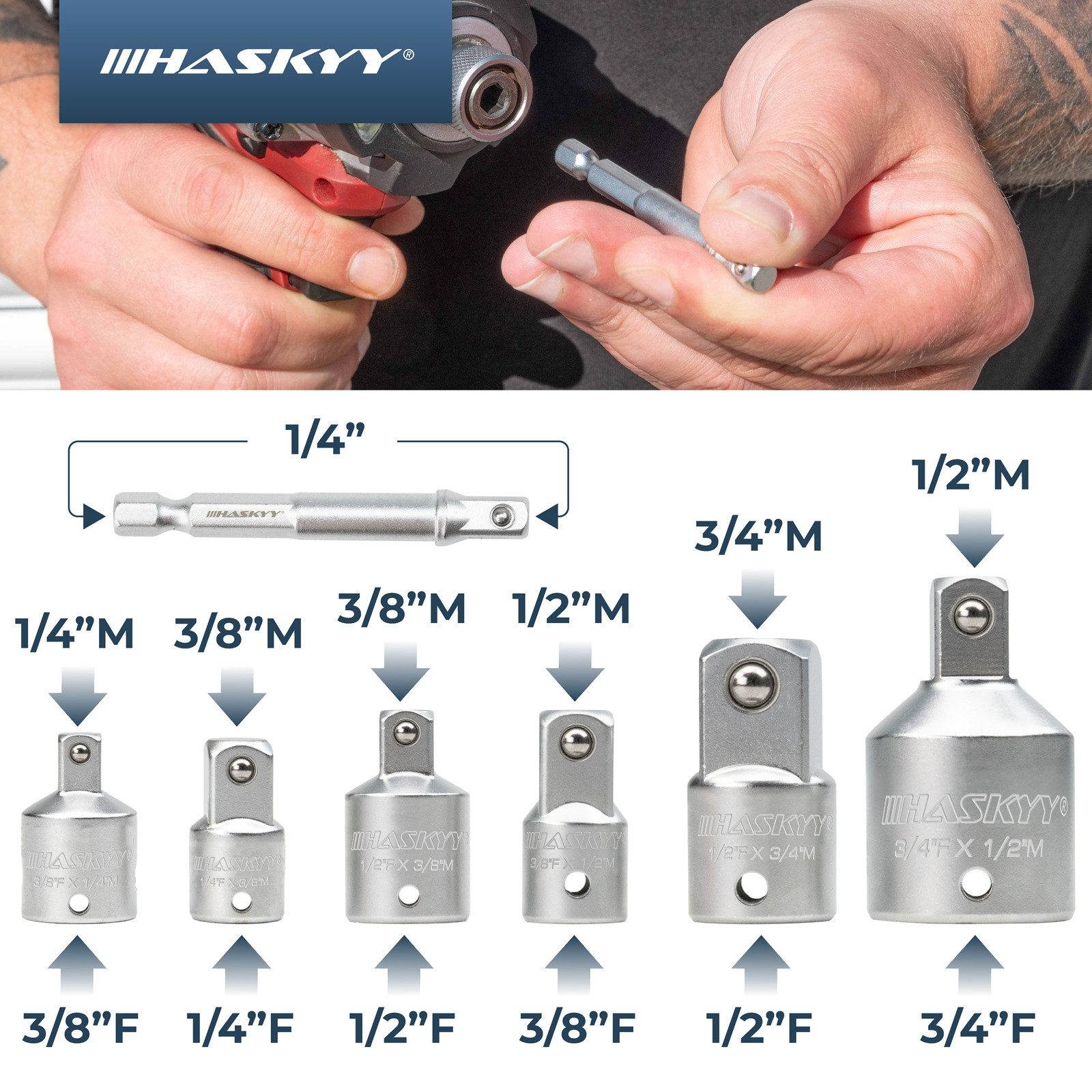 HASKYY Stecknüsse Schlagschrauber Stecknuss Adapter Set 1/4" 3/8" 1/2" 3/4" Steckschlüss