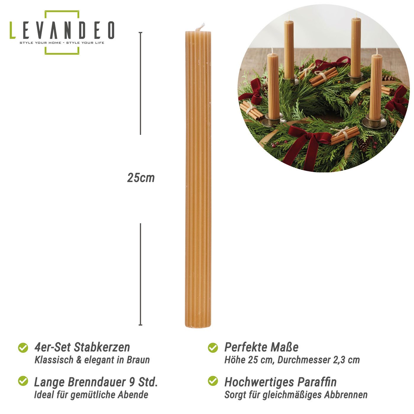 Levandeo® Tafelkerze, Kerzen 4er Set Stabkerzen Braun 25cm Tafelkerzen Rillen Design