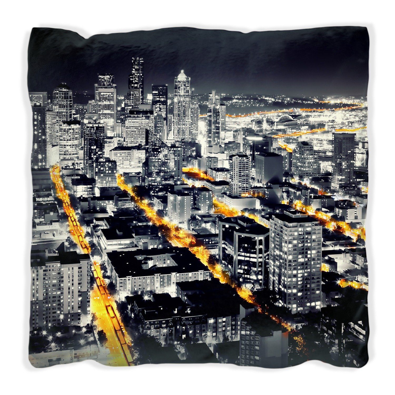 Wallario Dekokissen Großstadt bei Nacht - Seattle in schwarz weiß gelb, handgenäht