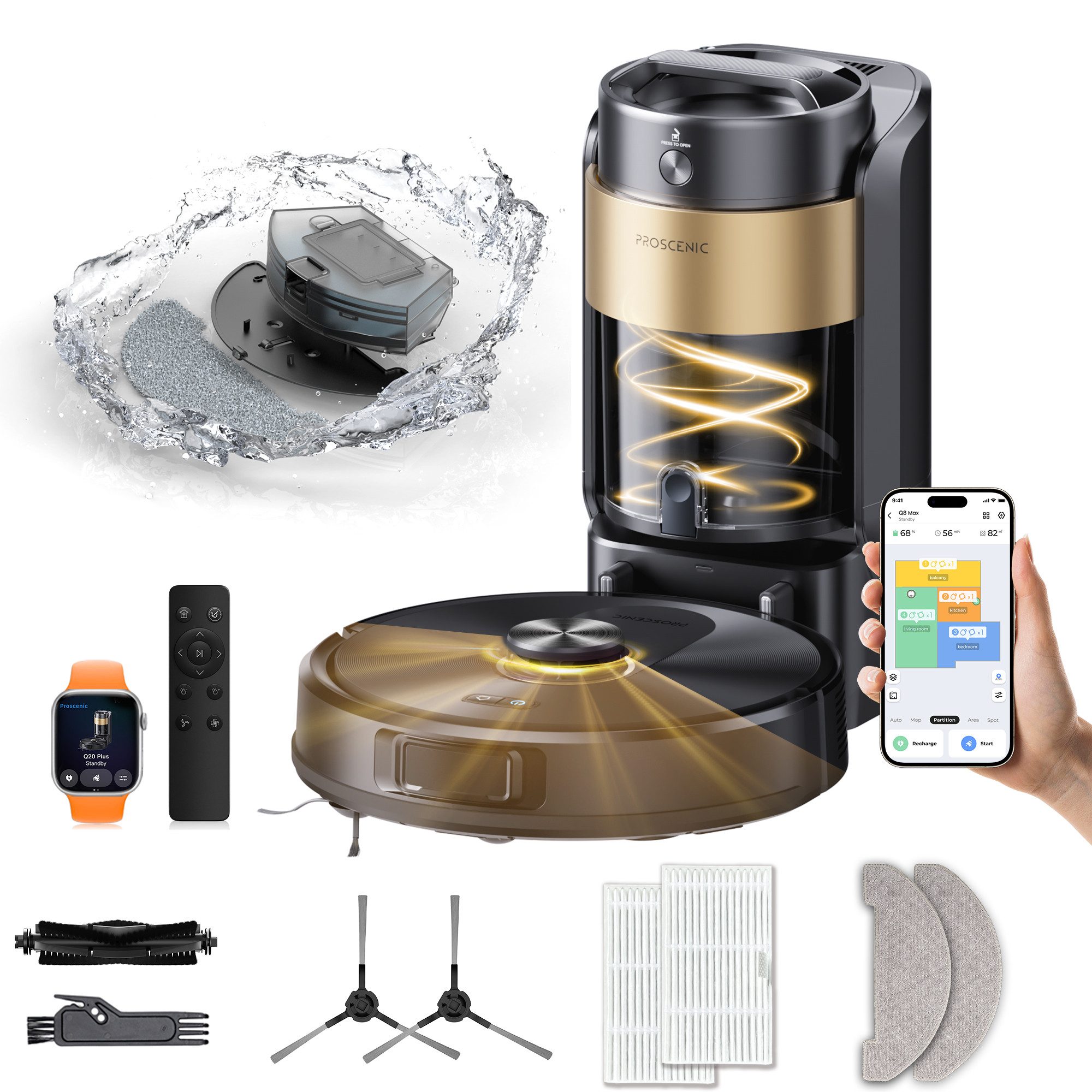 Proscenic Saugroboter mit Wischfunktion,2× Tiefenreinigung,Dual-Laser LiDAR,Teppicherkennung, beutellos, AI- Hinderniserkennung,Ultra-leiser Betrieb,Anti-Verwicklungs-Sensorik