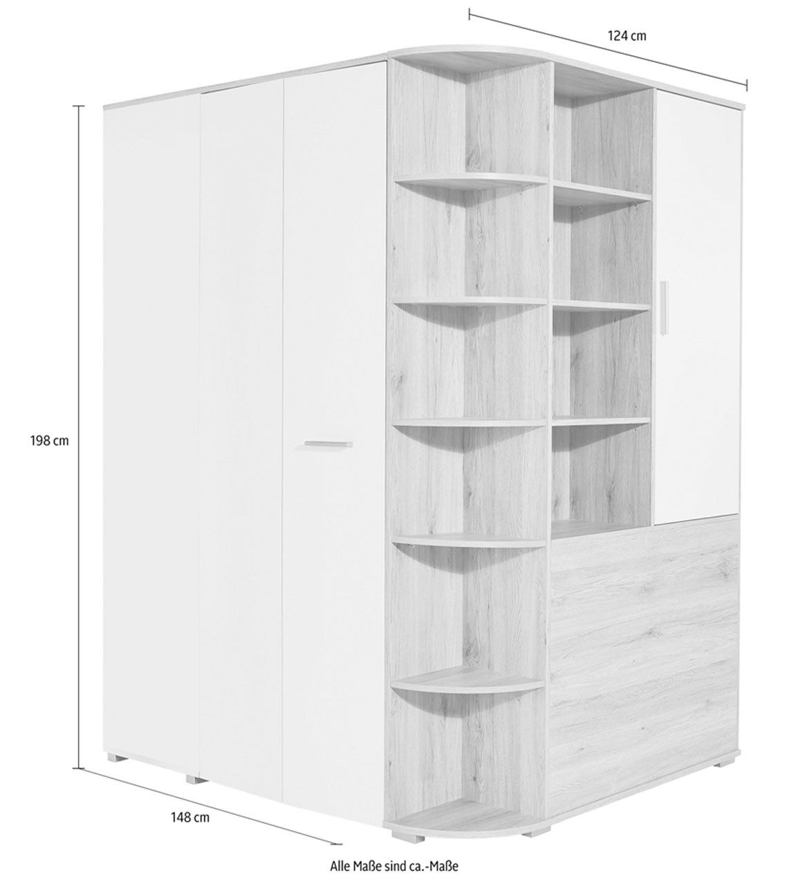 Wimex Jugendzimmer-Set Joker, (mit Falttüren, mit Hacken, mit Einlegeböden, mit Fächern, 4-tlg., moderner Optik, mit Eckschrank, Bett, Bettschubladen und Garderobe), 4-teilig weiß beton lichtgrau