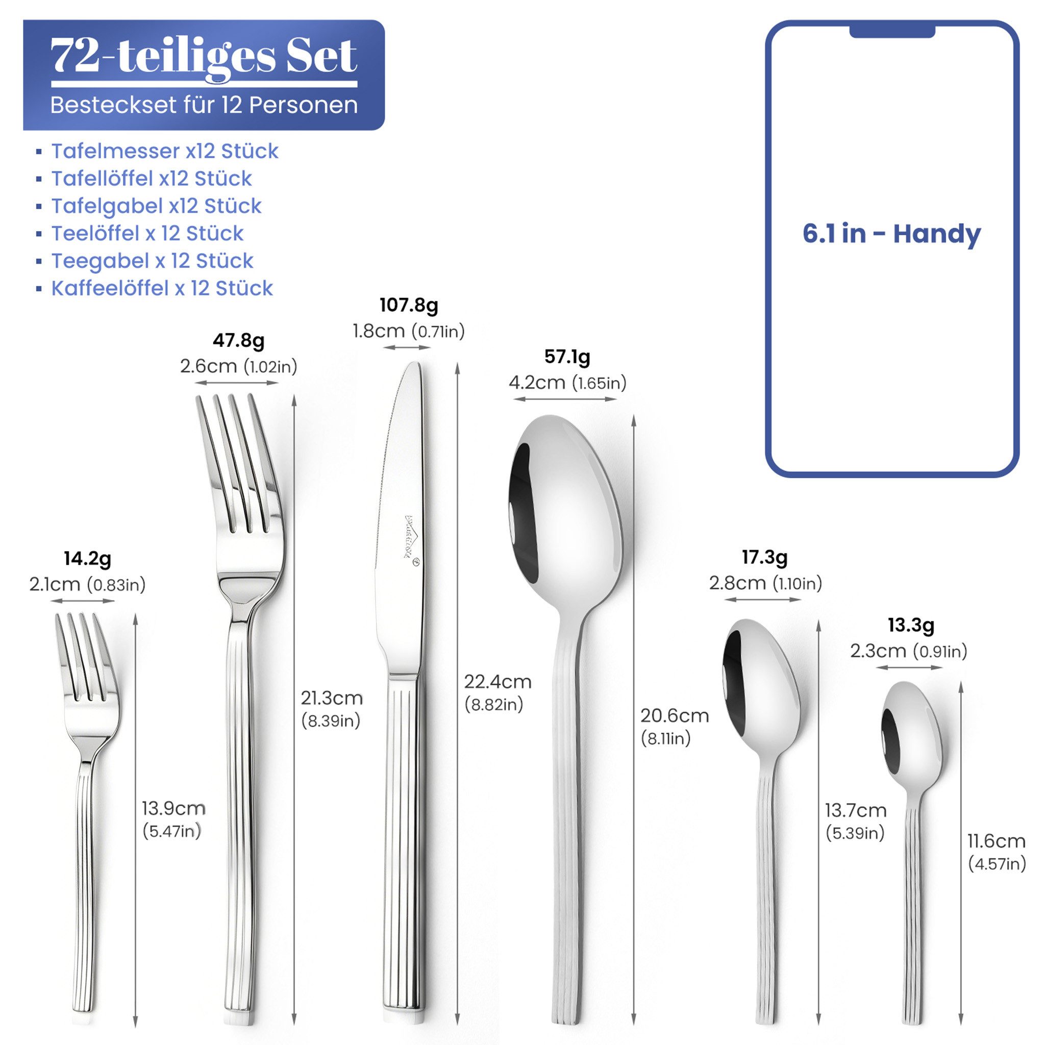 HOMELUX Besteck-Set Besteck set elegante Optik, ergonomische Haptik, Wellenschliff-Messer (72-tlg), 12 Personen, Edelstahl, Spiegelpoliert,spülmaschinengeeignet,hochwertiger Besteckkasten