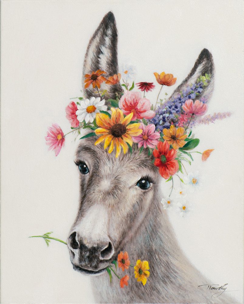 ArtUniverse Gemälde Leinwandbild Esel mit Blumen 40 x 50 cm, Tiermotiv