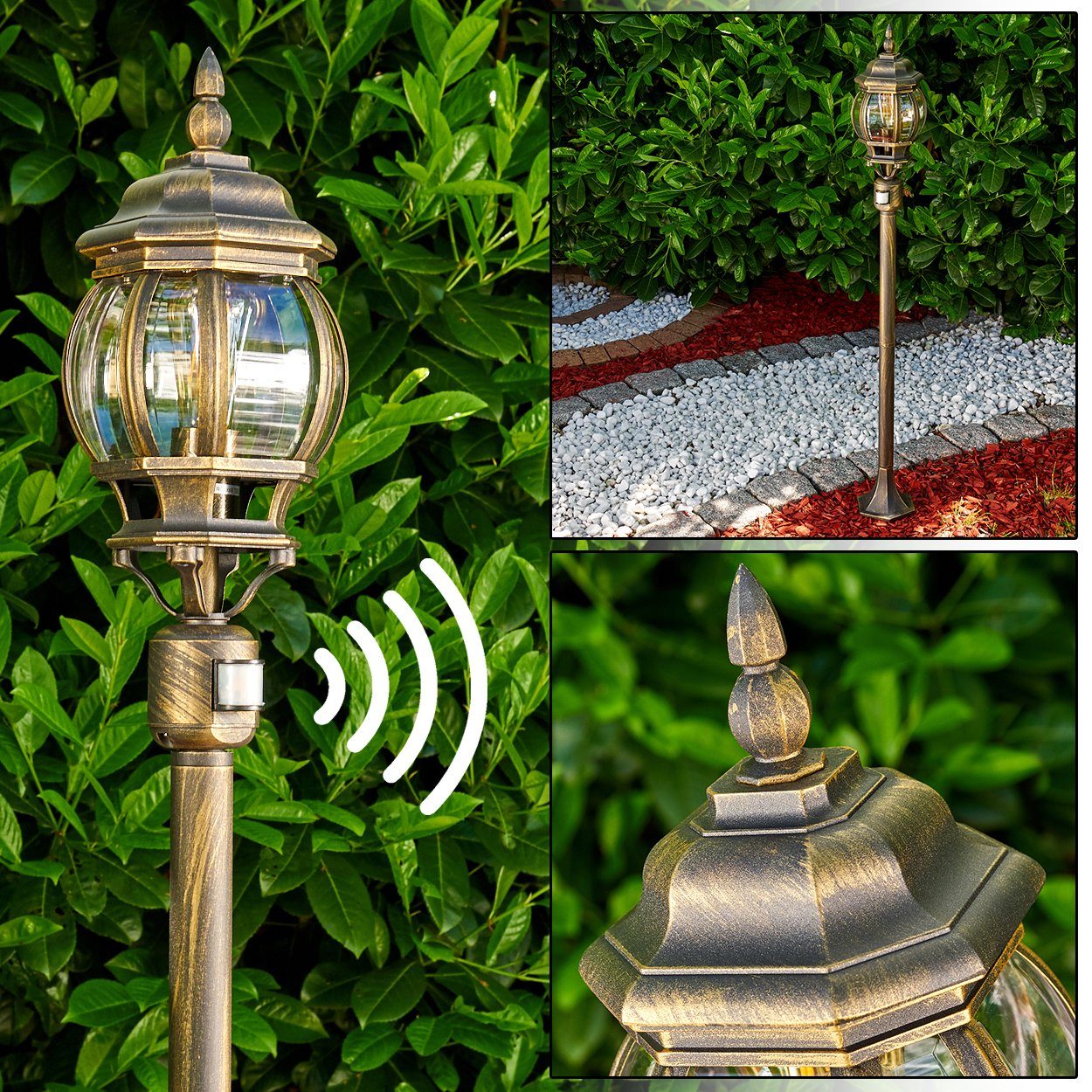 hofstein Außen-Stehlampe »Meyen« Außenleuchte, Aluguss in Braun/Gold mit Kunststoff-Scheiben, ohne Leuchtmittel, Gartenlampe, E27, IP44 m. Bewegungsmelder