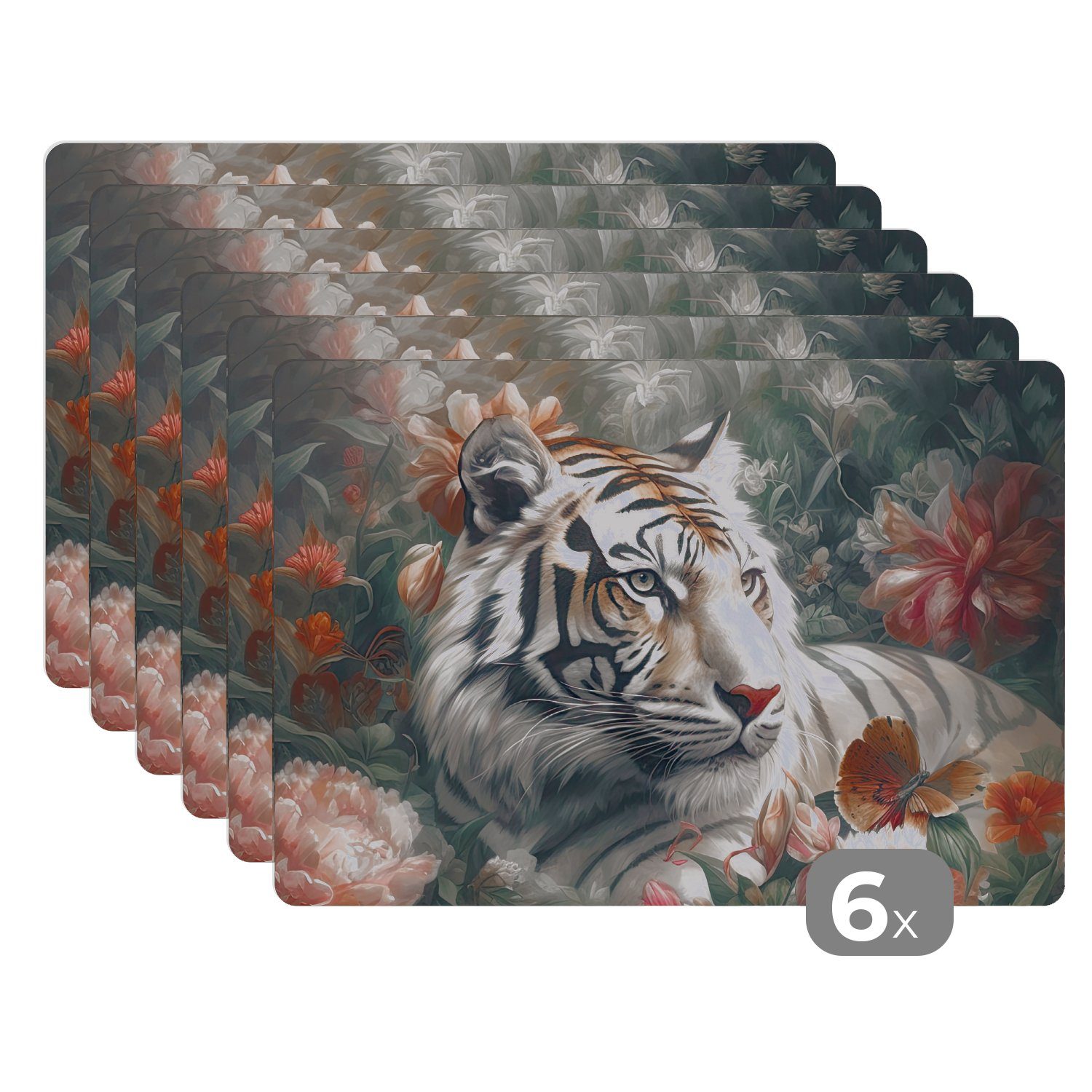 Platzset, Tiger - Wildtiere - MuchoWow, Platzset, Schmutzabweisend - Tischmatten, Blumen Platzdecken, Platzmatte, (6-St), Dschungel