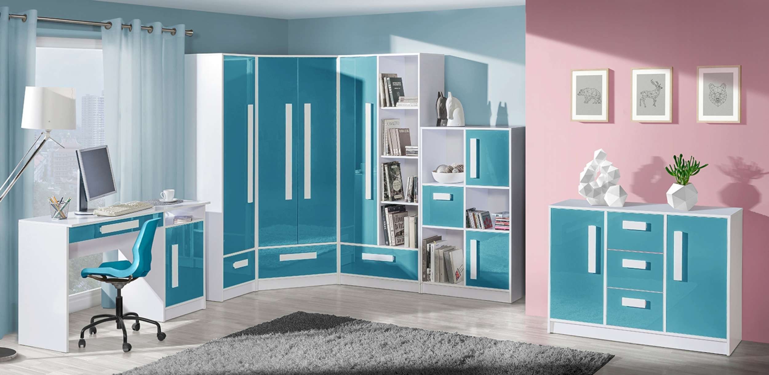 Stylefy Stauraum, Schubladen, Vollauszug, Weiß für Kinderschrank) Design Türkis mit - (Standschrank, Kinder Modern, IV Goldie Kinderkleiderschrank viel