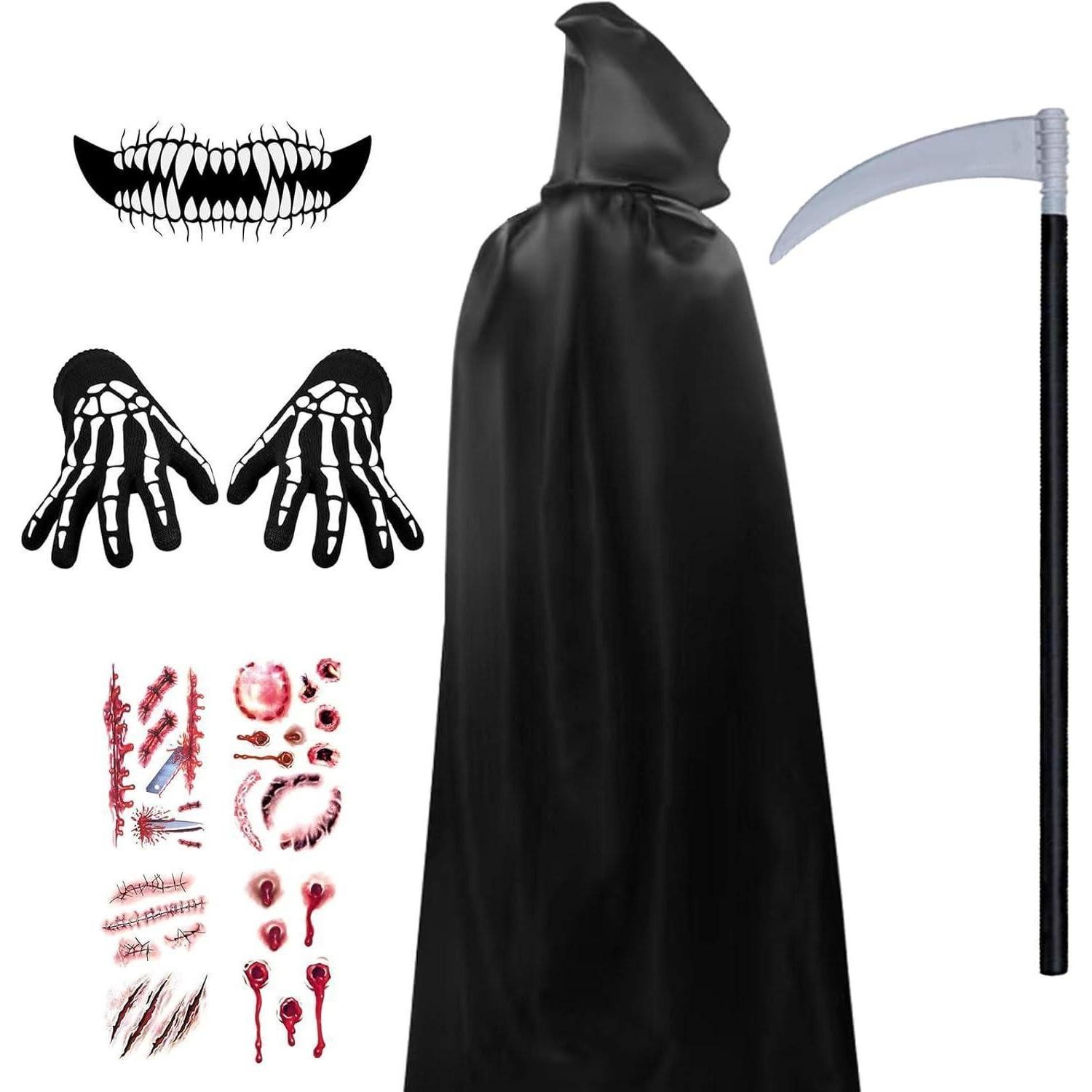 YIMOJOY Umhang Halloween Umhang Schwarzer Sensenmann Kostüm Set 150CM Sense Tattoos