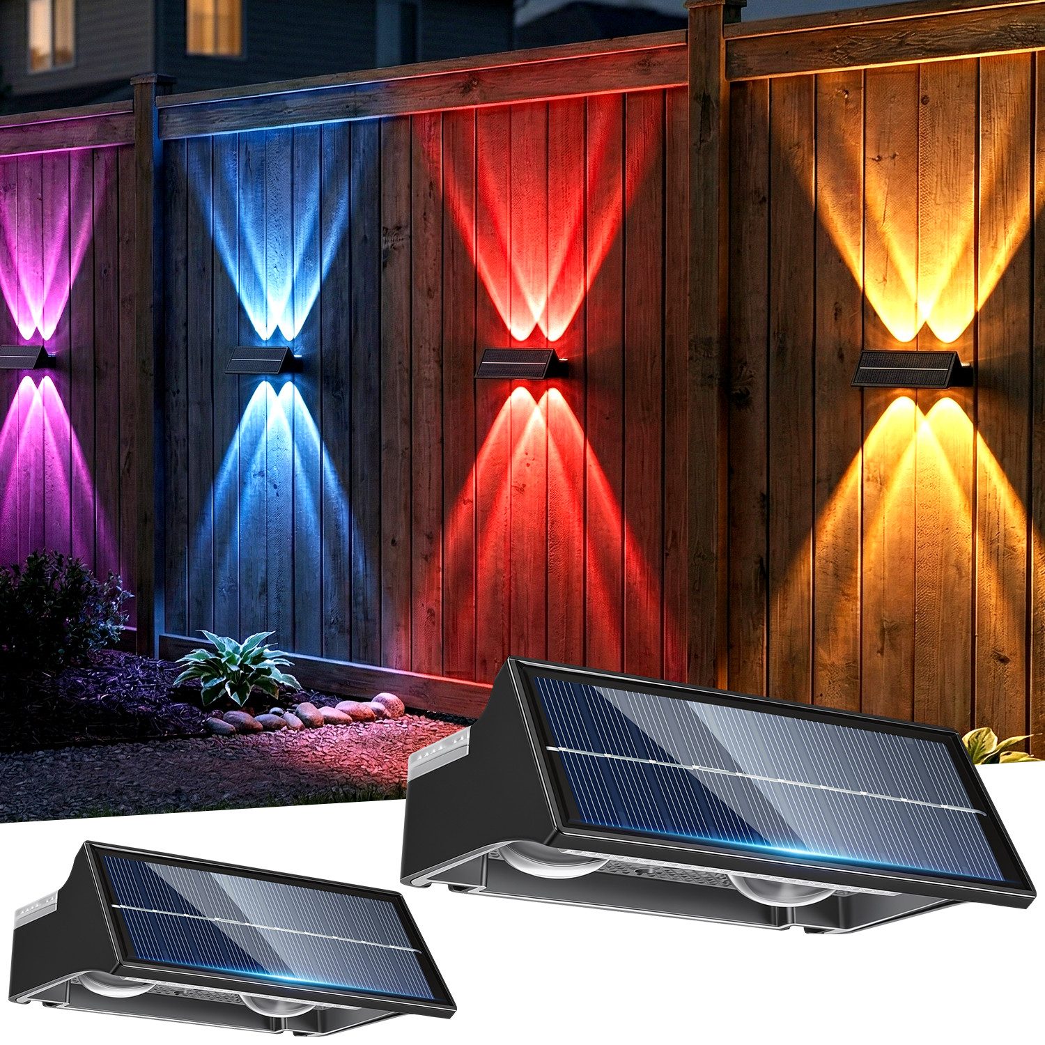 oyajia LED Solarleuchte LED Solarlampe für Außen Einstellbar Solarlampen für Außen RGB 4 Modus, LED fest integriert, RGB, RGB 9 Farben Solarleuchte für Zaun Wand Terrasse Garten Balkon Deko