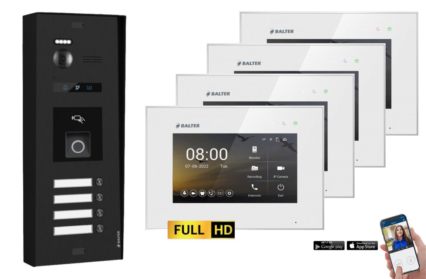 Balter Video-Türsprechanlage BALTER EVO-HD Aufputz Türsprechanlage 4-Familienhaus Schwarz Weiß (Set, 4-Familienhaus, Komplettset, Full HD 175° Kamera, Fingerprint, RFID)