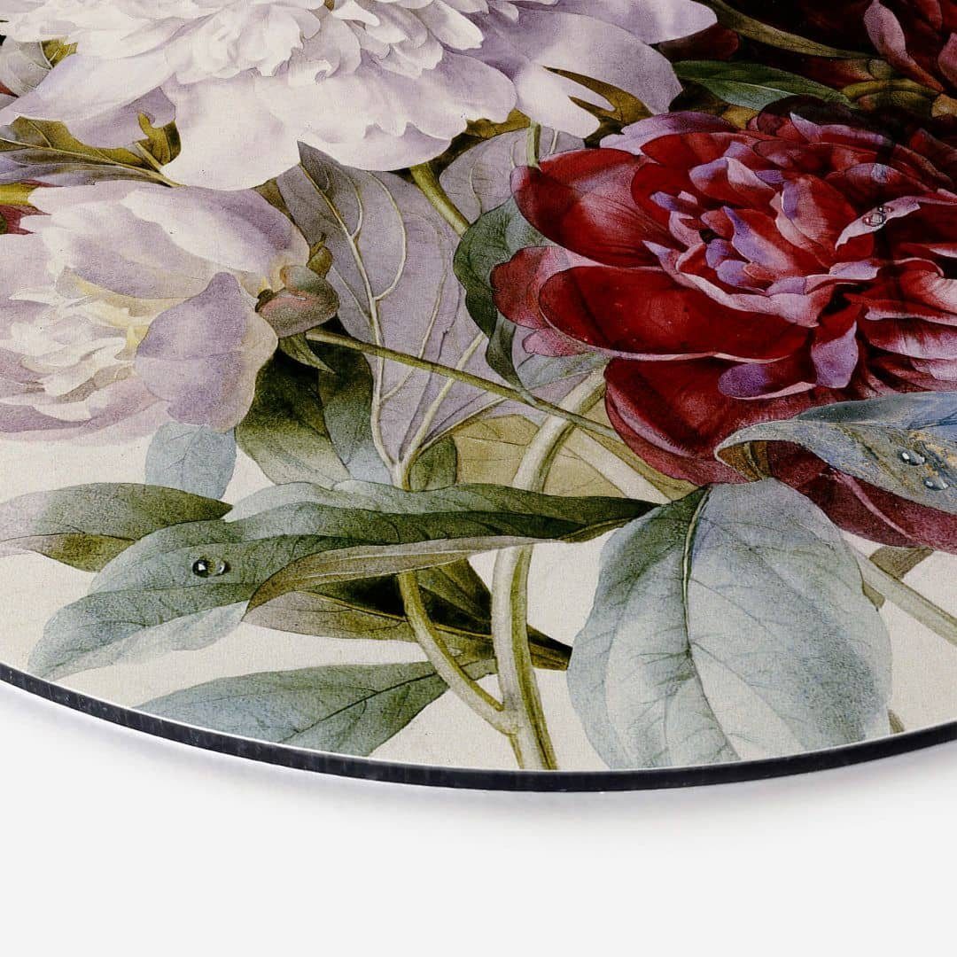 K&L Wall Art Alu-Dibond-Druck Metallposter Pfingstrosen Blumen Vintage Rosenstrauß Redouté, Metalloptik Wandbild Ø 30cm