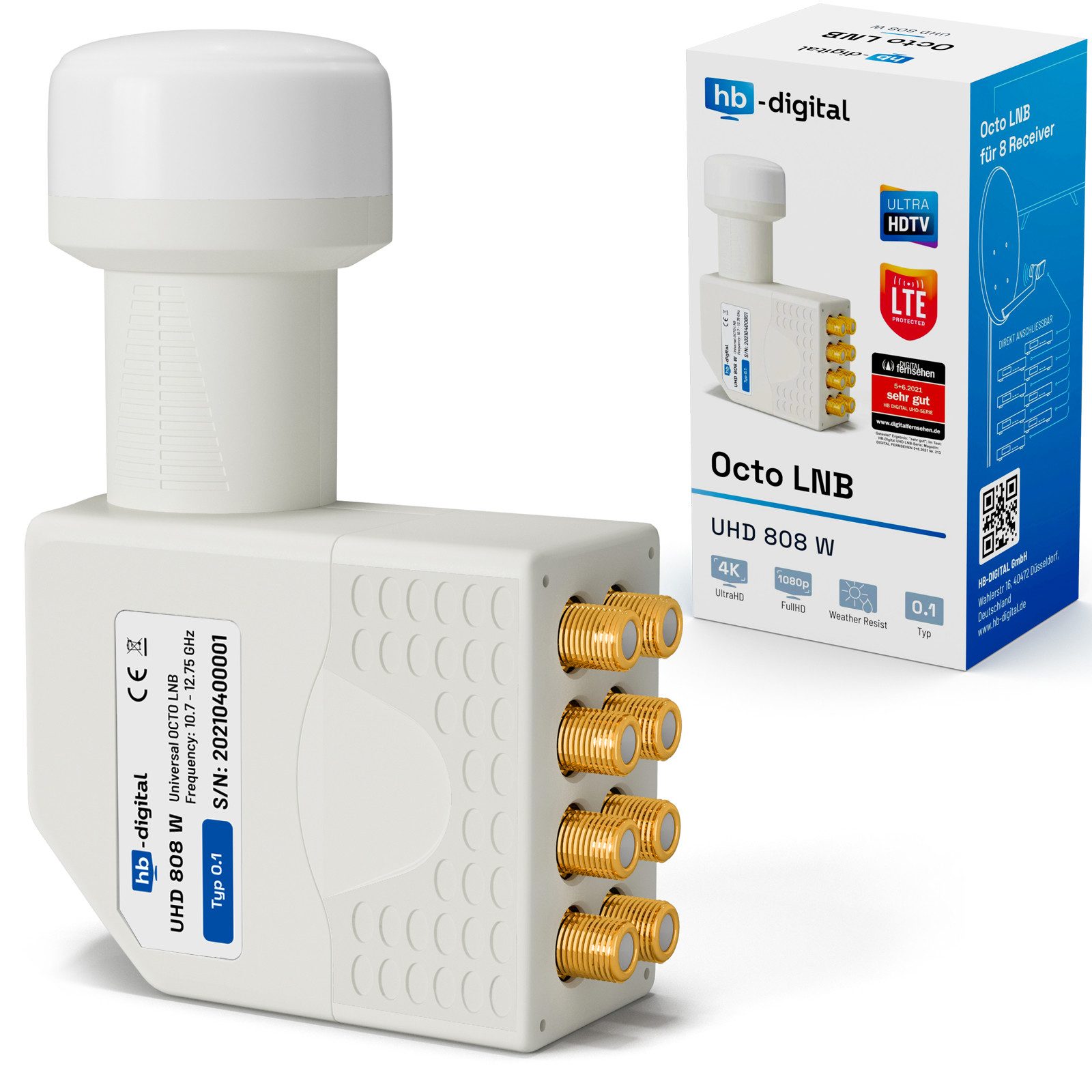 HB-DIGITAL LNB Octo UHD 808 W für 8 Teilnehmer Witterungsbeständig Universal-Single-LNB (für 8 Teilnehmer, Die vergoldeten F-Anschlüsse für noch bessere Signalübertragung)