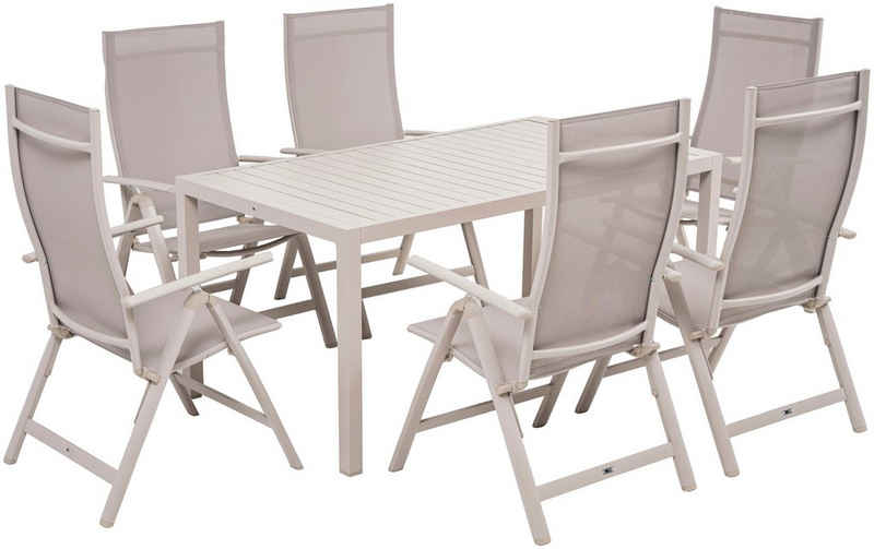 KONIFERA Garten-Essgruppe Messina, (Set, 7-tlg., 6x Sessel, 1x Tisch 160x90x74 cm, Aluminium, Textilgewebe), klappbar, 7-fach verstellbare Rückenlehne, Tischplatte aus Alulatten