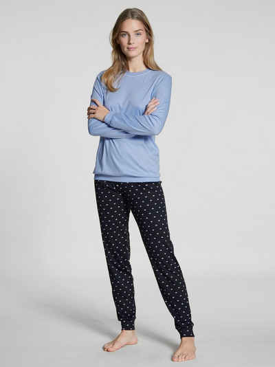 CALIDA Pyjama Calida Damen-Bündchenpyjama 43829 blau (1 Stück, 1 tlg., 1 Stück) Interlock Qualität