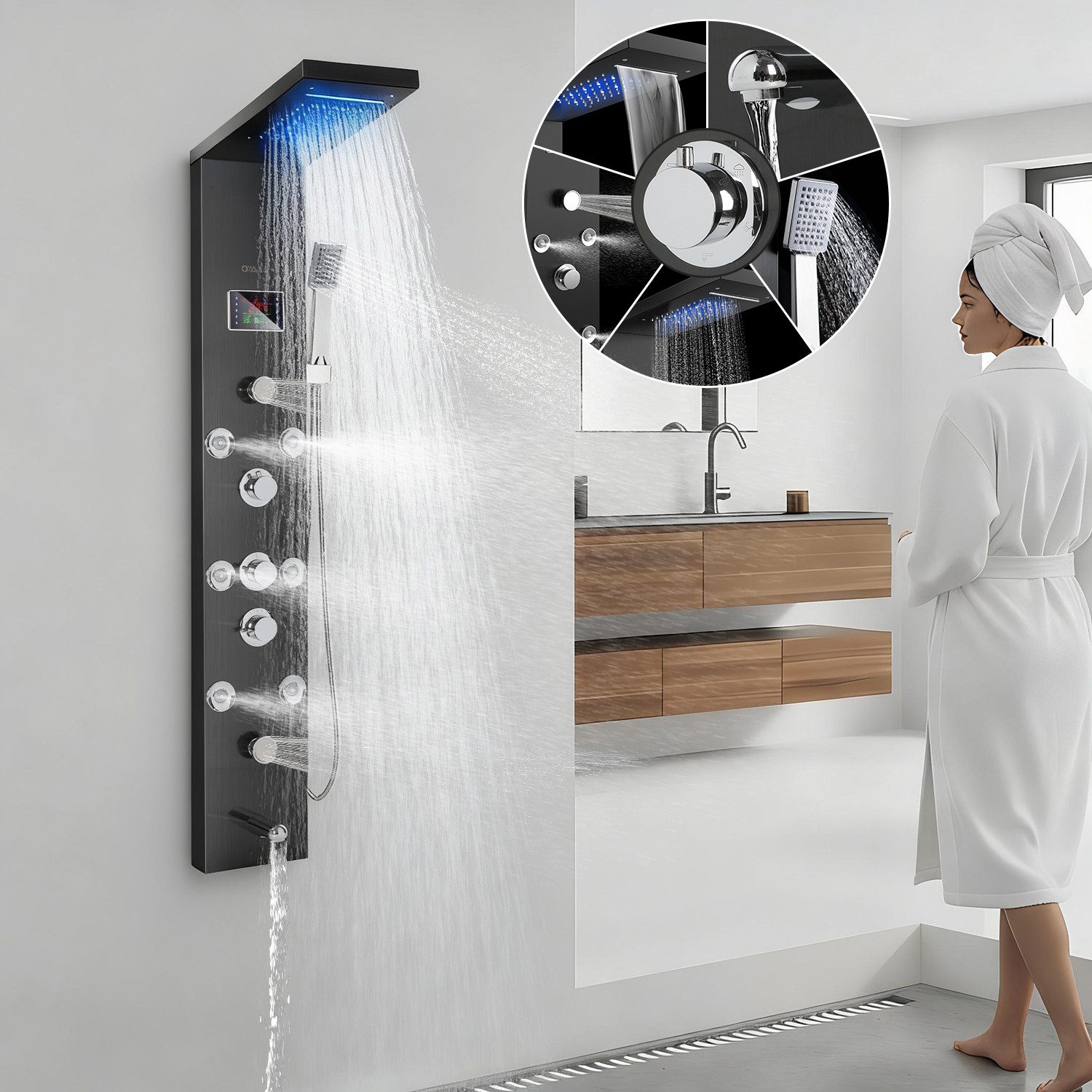 oyajia Duschsystem Modernes Duschpaneel Höhe 136 cm 5 Strahlart mit Massage & LED Display, Höhe 136 cm, 5 Strahlart(en), Wandmontage Duschset mit Regendusche,Handbrause & Verstellbarem Strahl