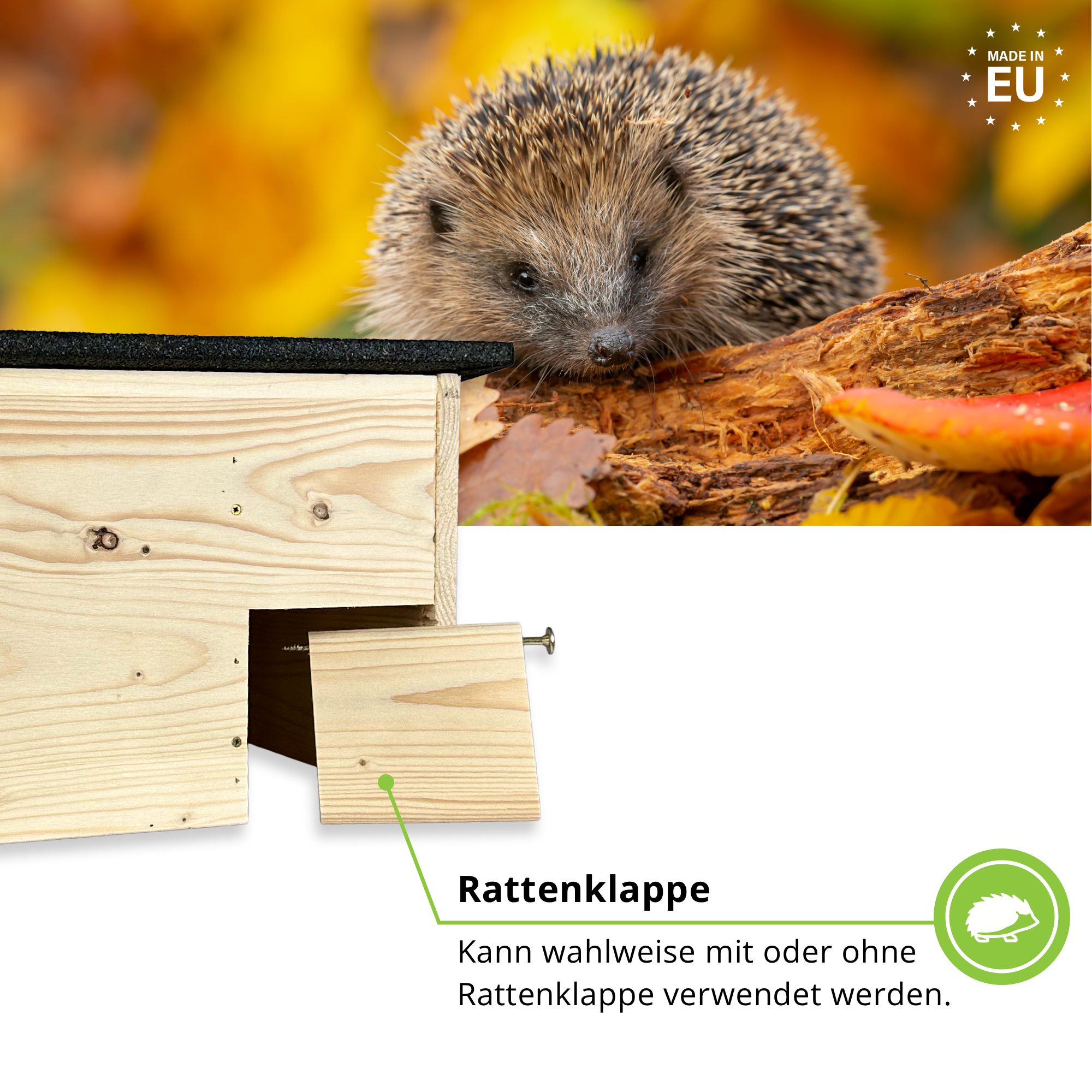 gartenetage Igelhaus Igelfutterhaus mit zwei Eingängen und Rattenklappen, Katzen- und Rattensicher/ Wetterfest & aus Massiv-Holz