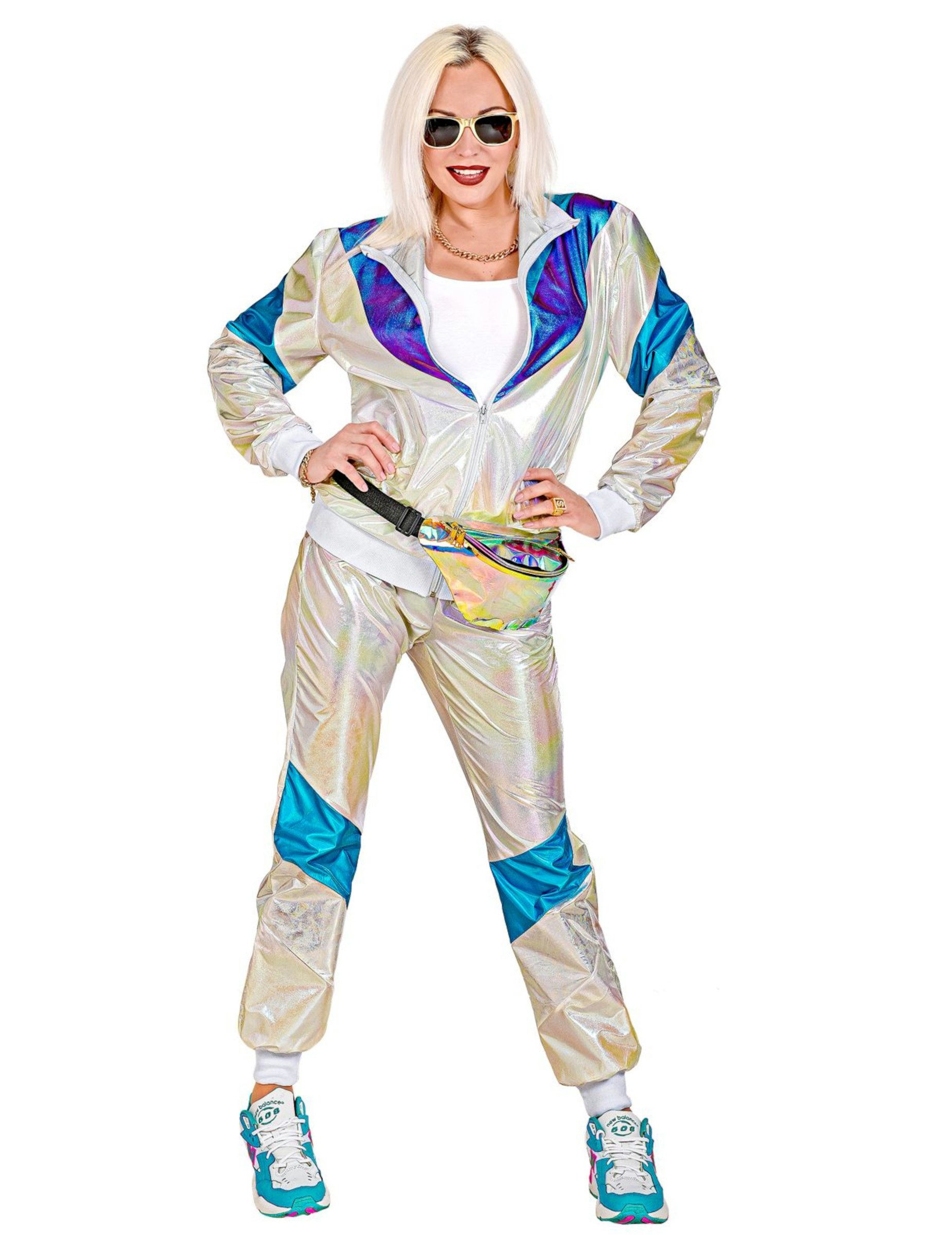 Widmann S.r.l. Kostüm 80er-Jahre Retro Trainingsanzug in Übergöße für Erwachsene weiss-blau